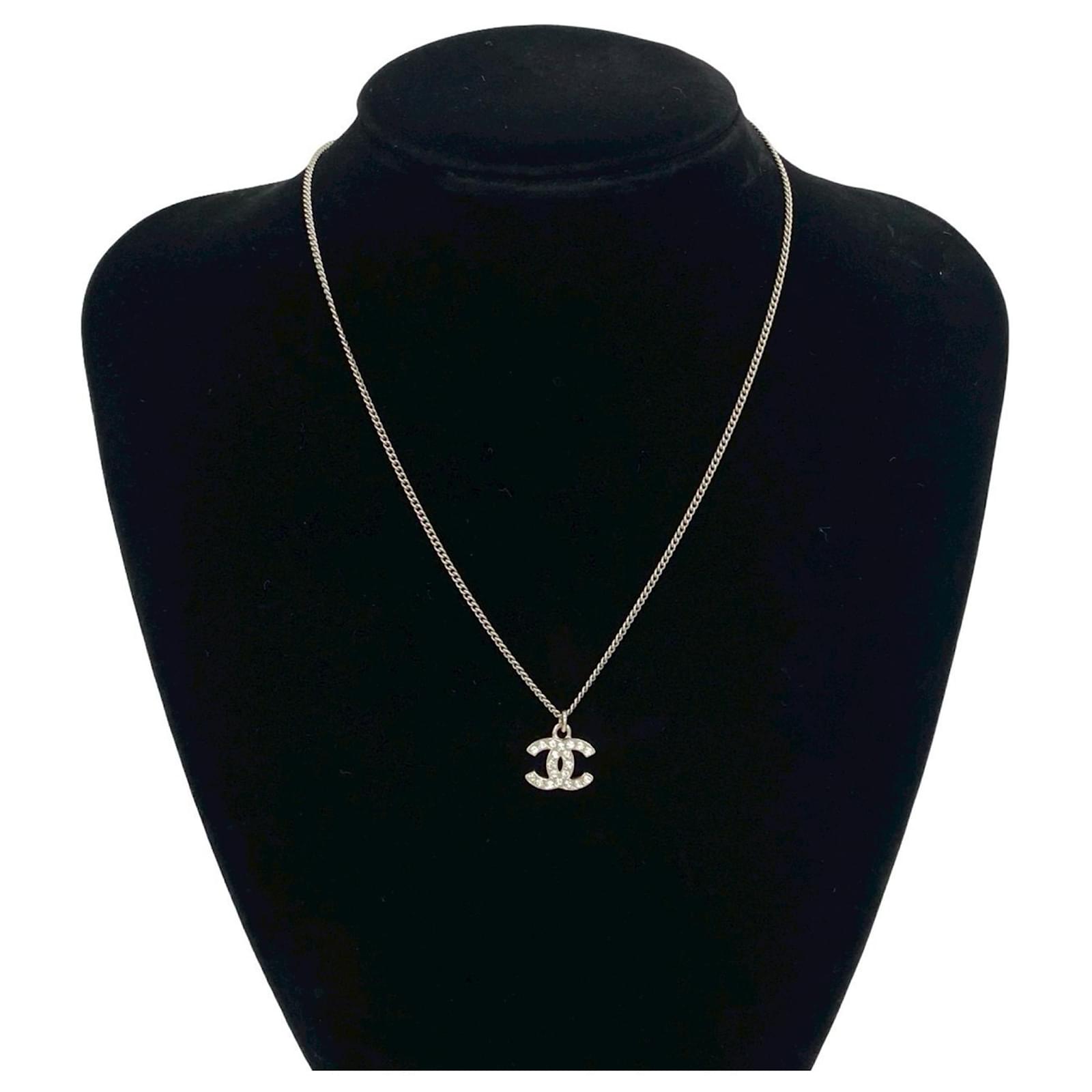 CHANEL Coco Mark Metal Rhinestone Necklace Silvery ref.2574213