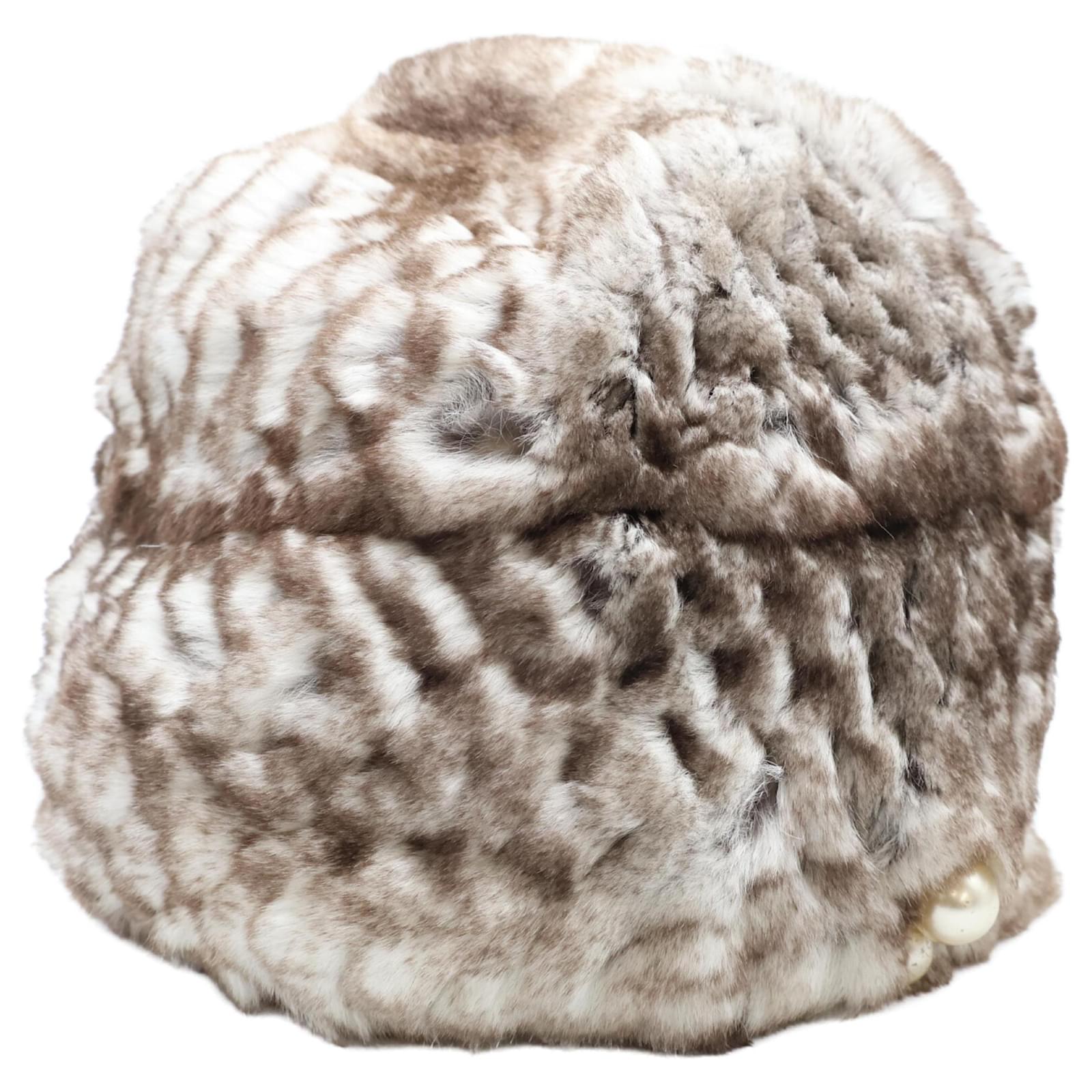 Chanel Women's Rabbit Fur Knit Hat Brown Pearl Joli