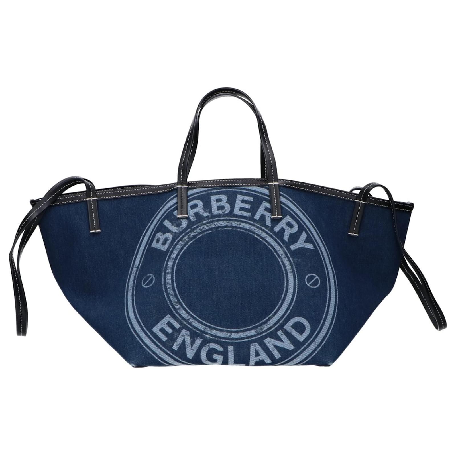 Burberry Aged Logo Denim Tote Bag Black Blue Cotton
