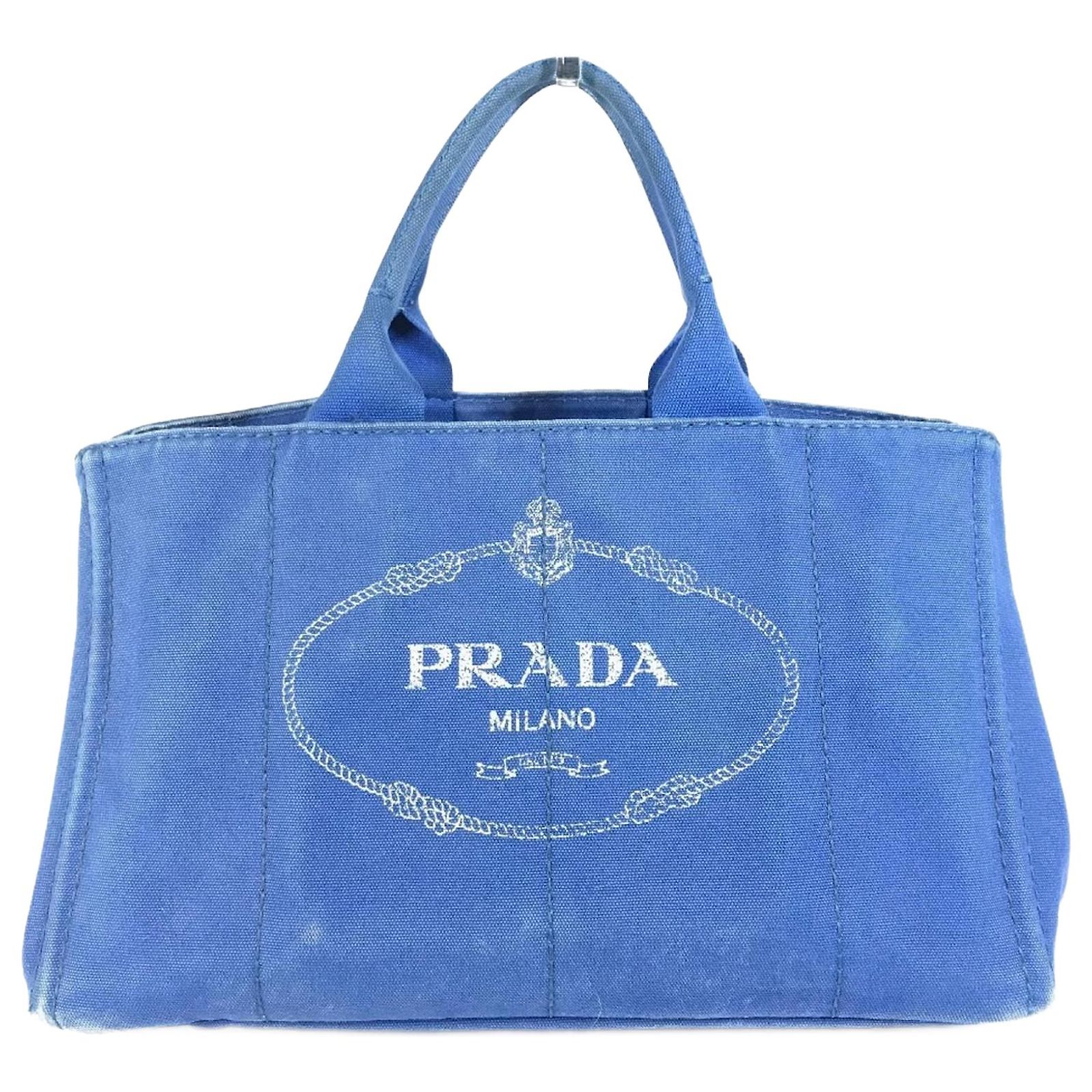 Prada Canapa L Handbag/Tote Bag White Blue Cloth ref.JC2578439 