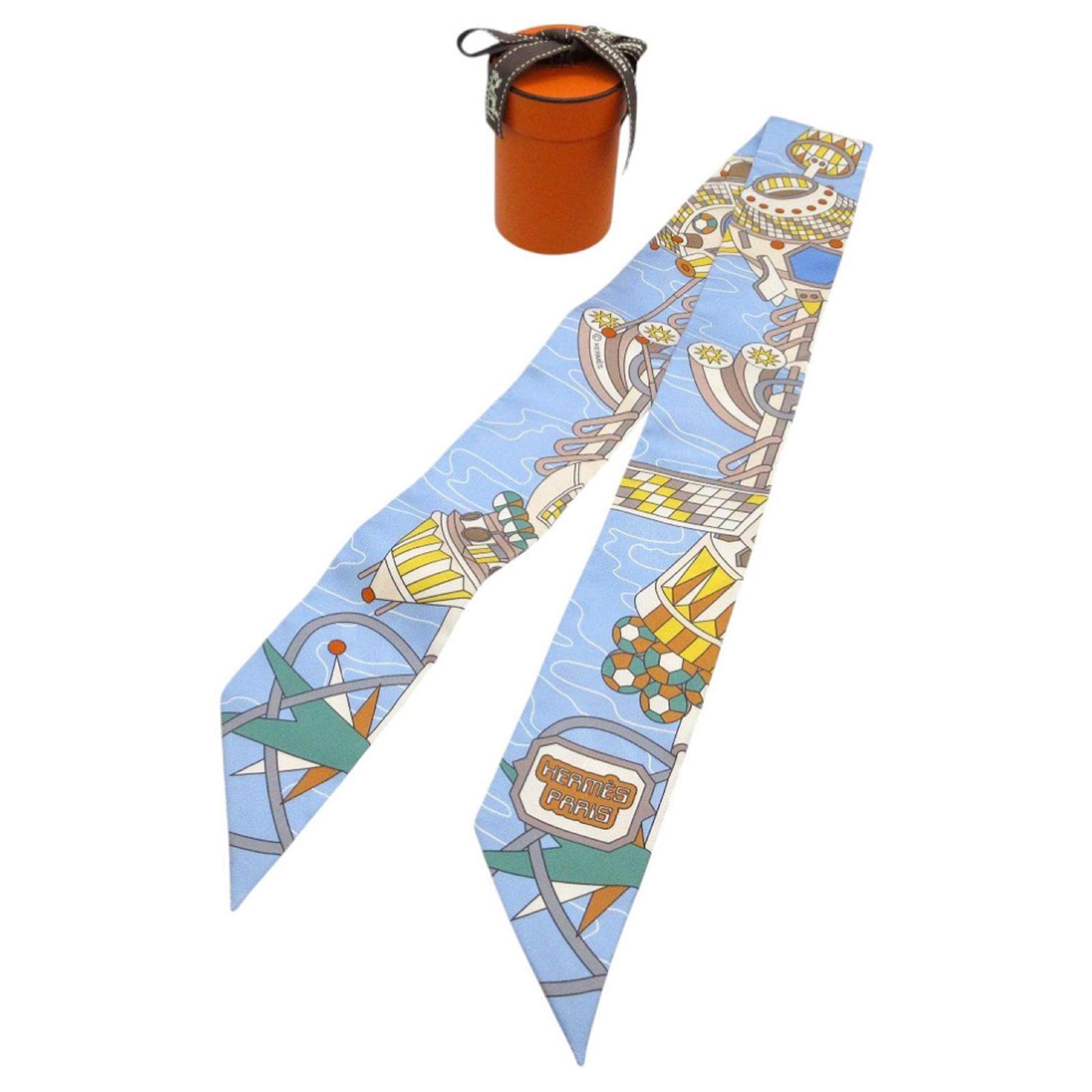 Hermès Hermes Twilly Odyssey Silk Scarf Blue Beige Yellow ref