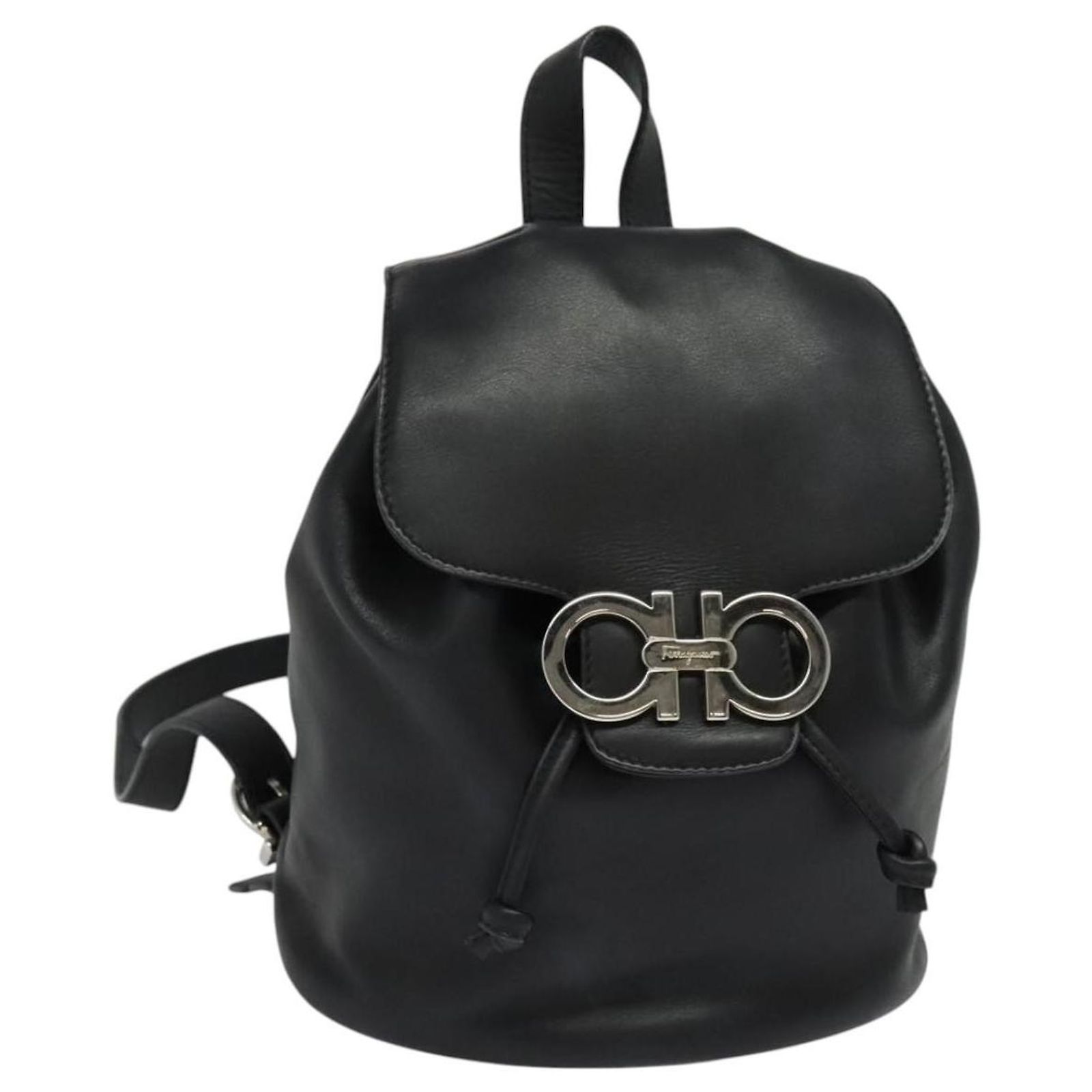 Salvatore Ferragamo Gancini Flap Drawstring Backpack Leather 