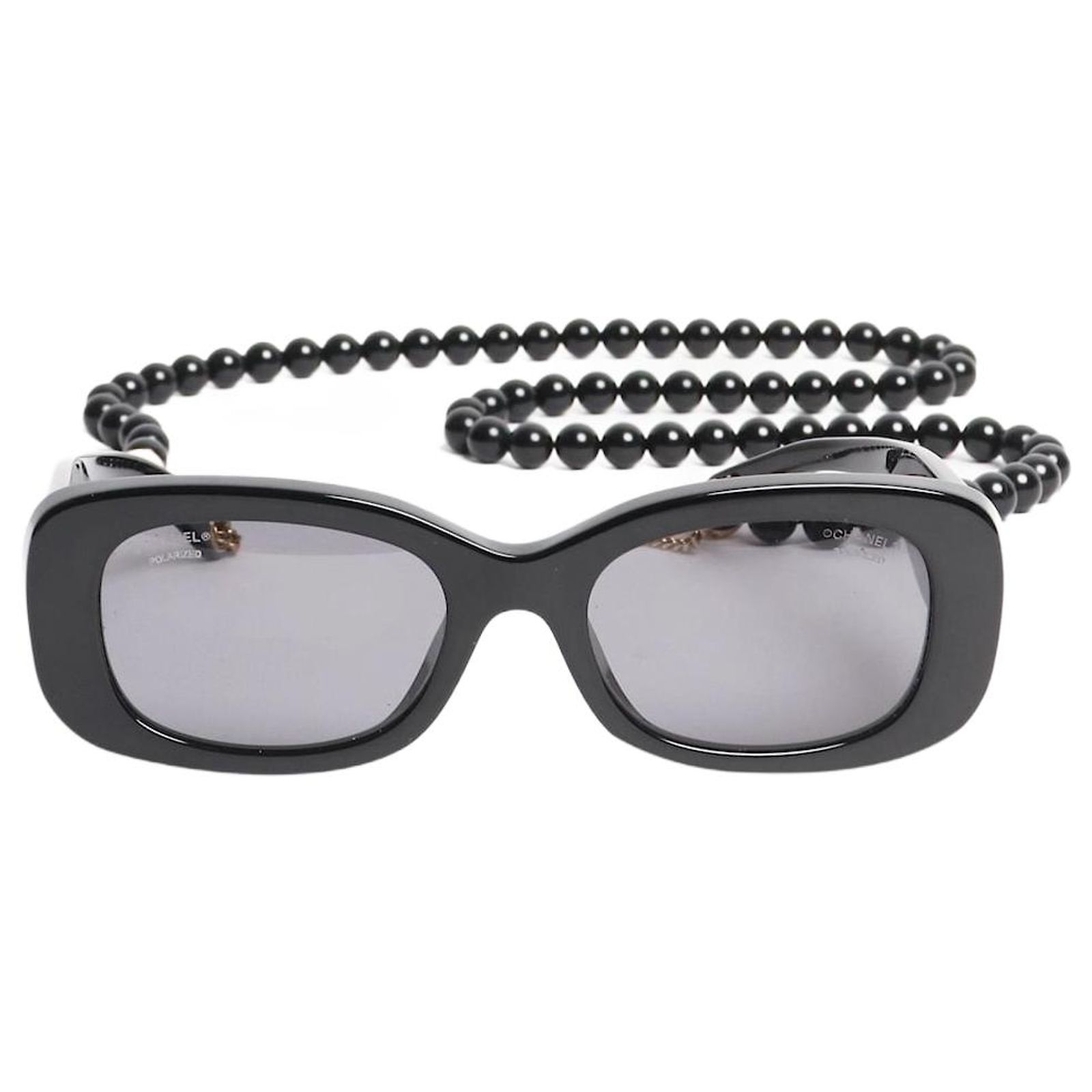 Chanel Black rectangular sunglasses with beaded strap 