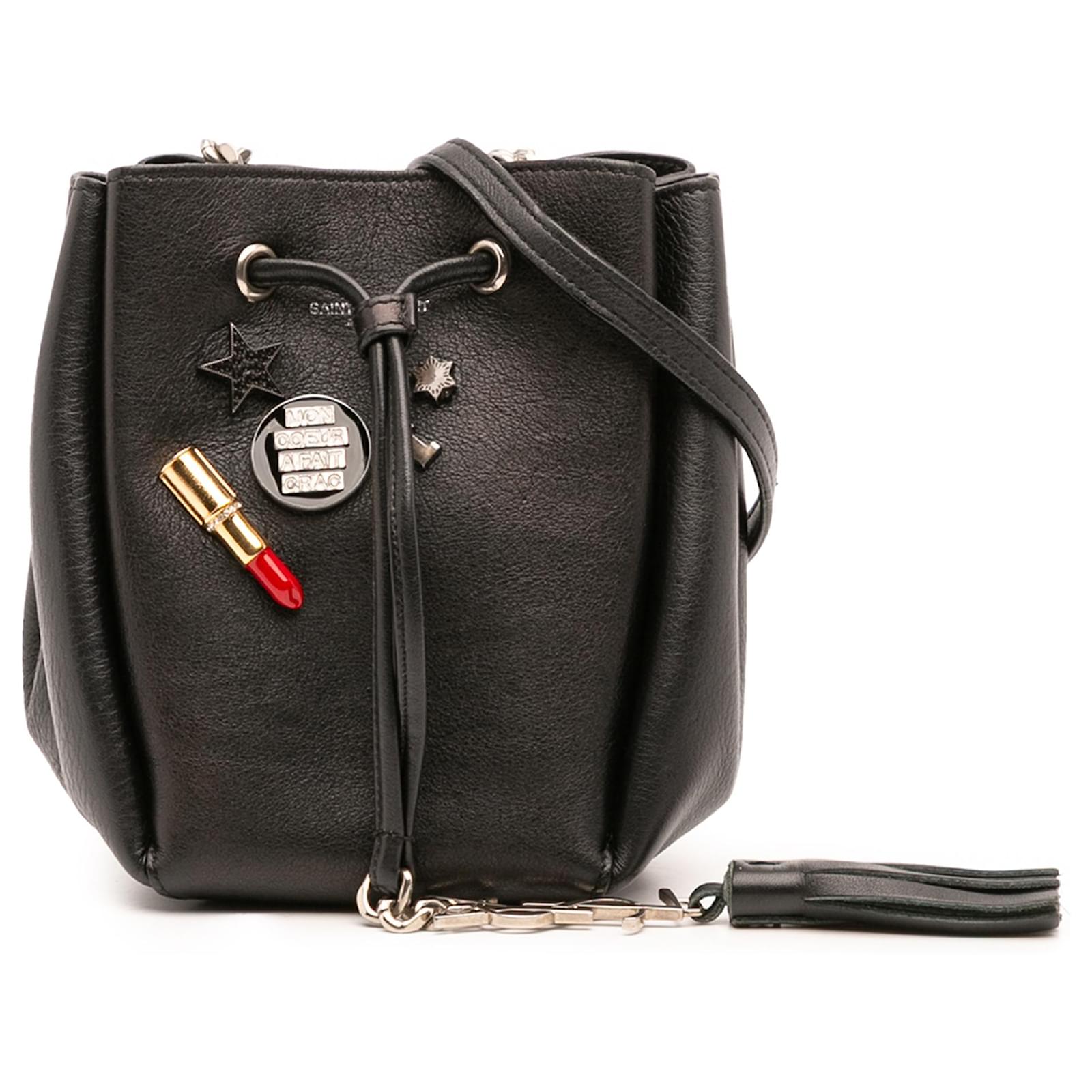 Sac seau Bourse en cuir noir avec monogramme orné de Saint Laurent