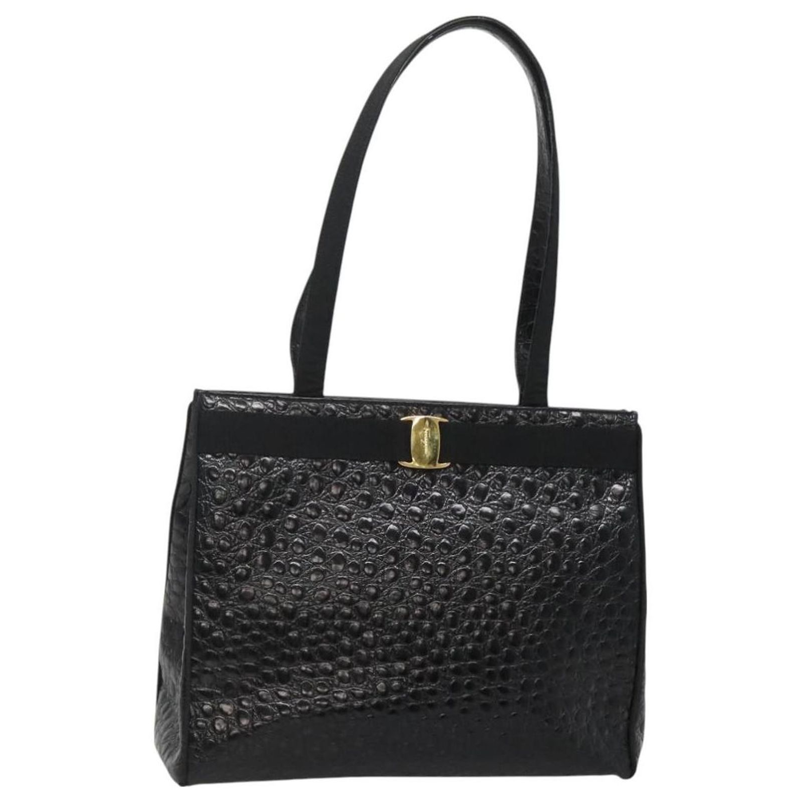 Salvatore Ferragamo Vintage Vara Bow Tote Lizard Embossed Leather 