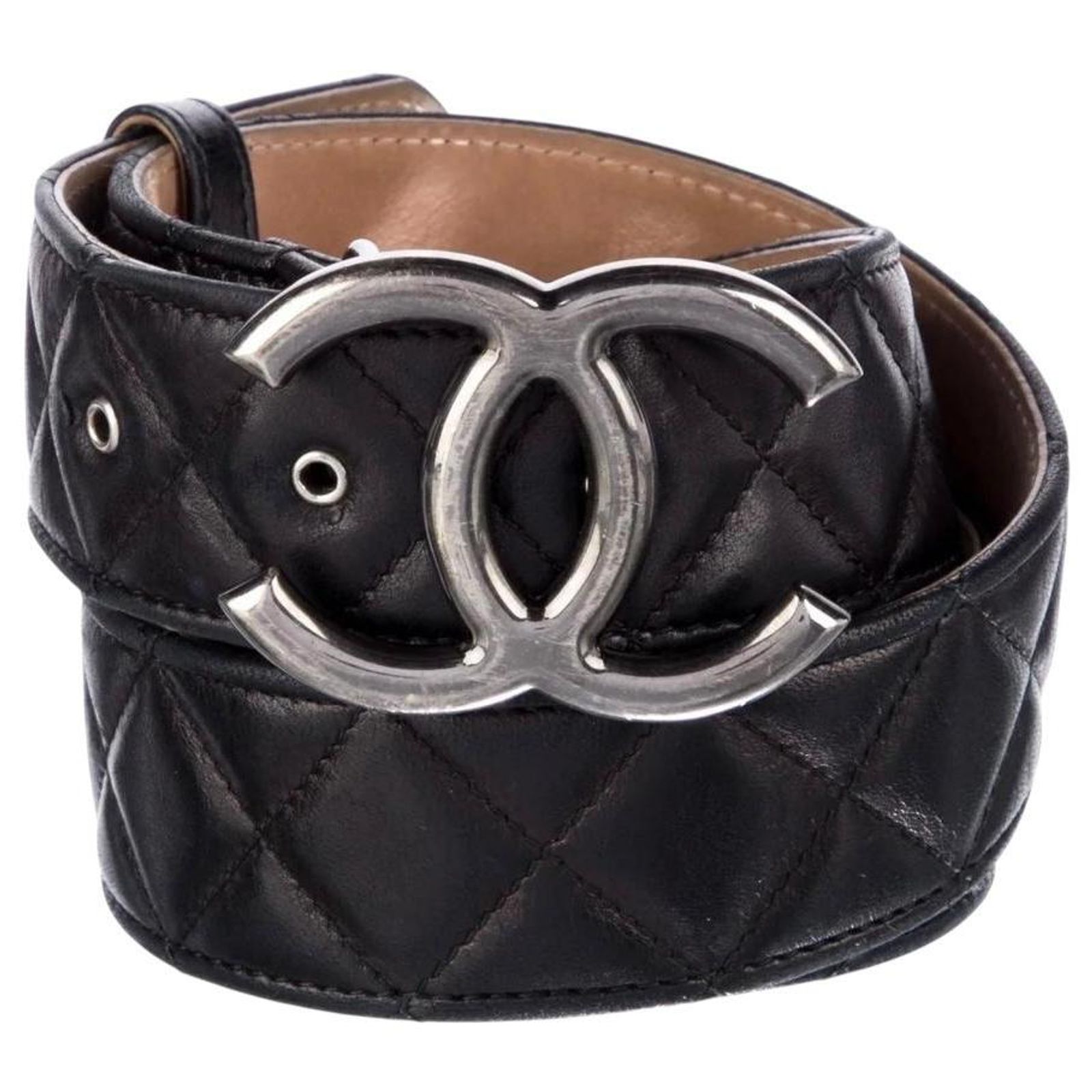 CHANEL Black Quilted Leather Belt with Silver CC Interlocking Buckle Chanel black quilted caviar leather belt with silver CC logo  main image 3