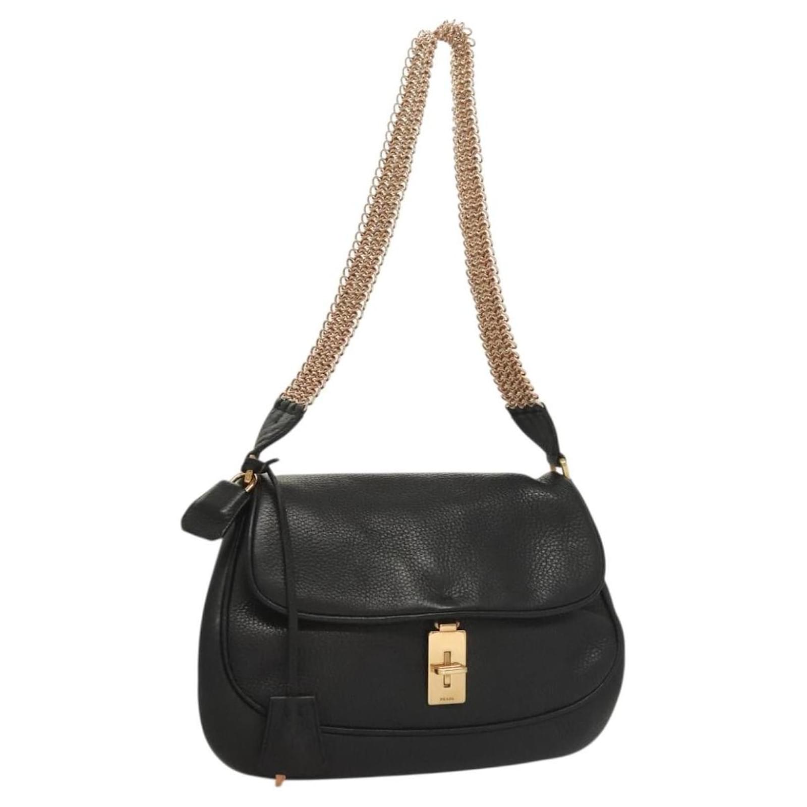 Prada Vintage Chain Flap Shoulder Bag Leather Medium Black ref