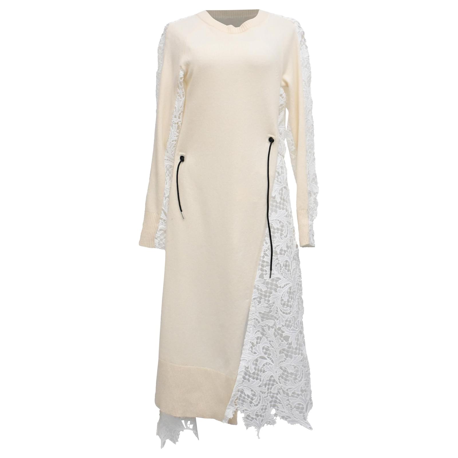 Sacai Knitted Lace Accent Long Sleeve Midi Sweater Dress in Cream Wool White ref.JC2602402 (Sold) - Joli Closet Sacai Knitted Lace Accent Long Sleeve Midi Sweater Dress in Cream Wool White ref.JC2602402 (Sold) - Joli Closet