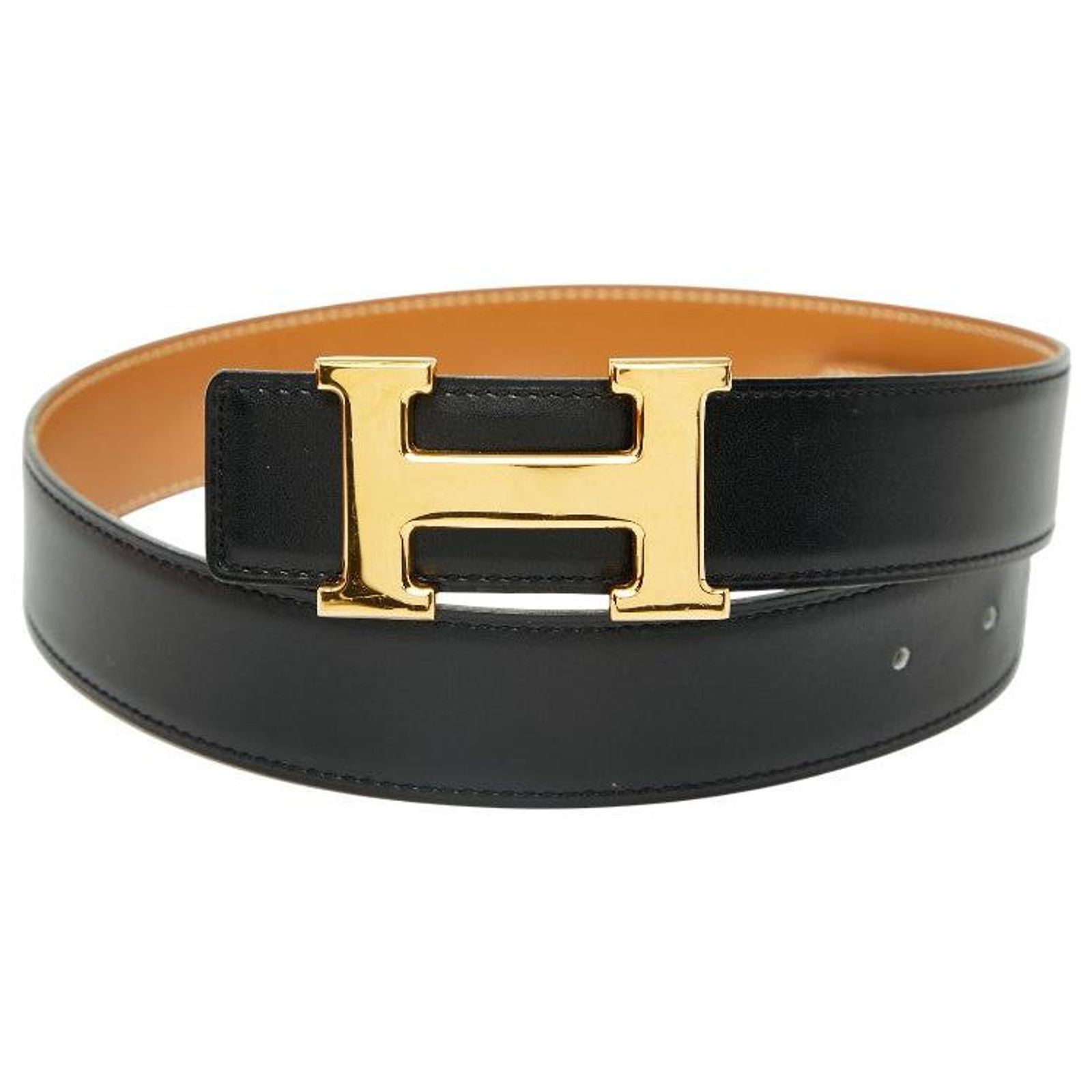 Hermès Hermes ConstanceH Box Calf Belt Black Leather ref  display picture 2