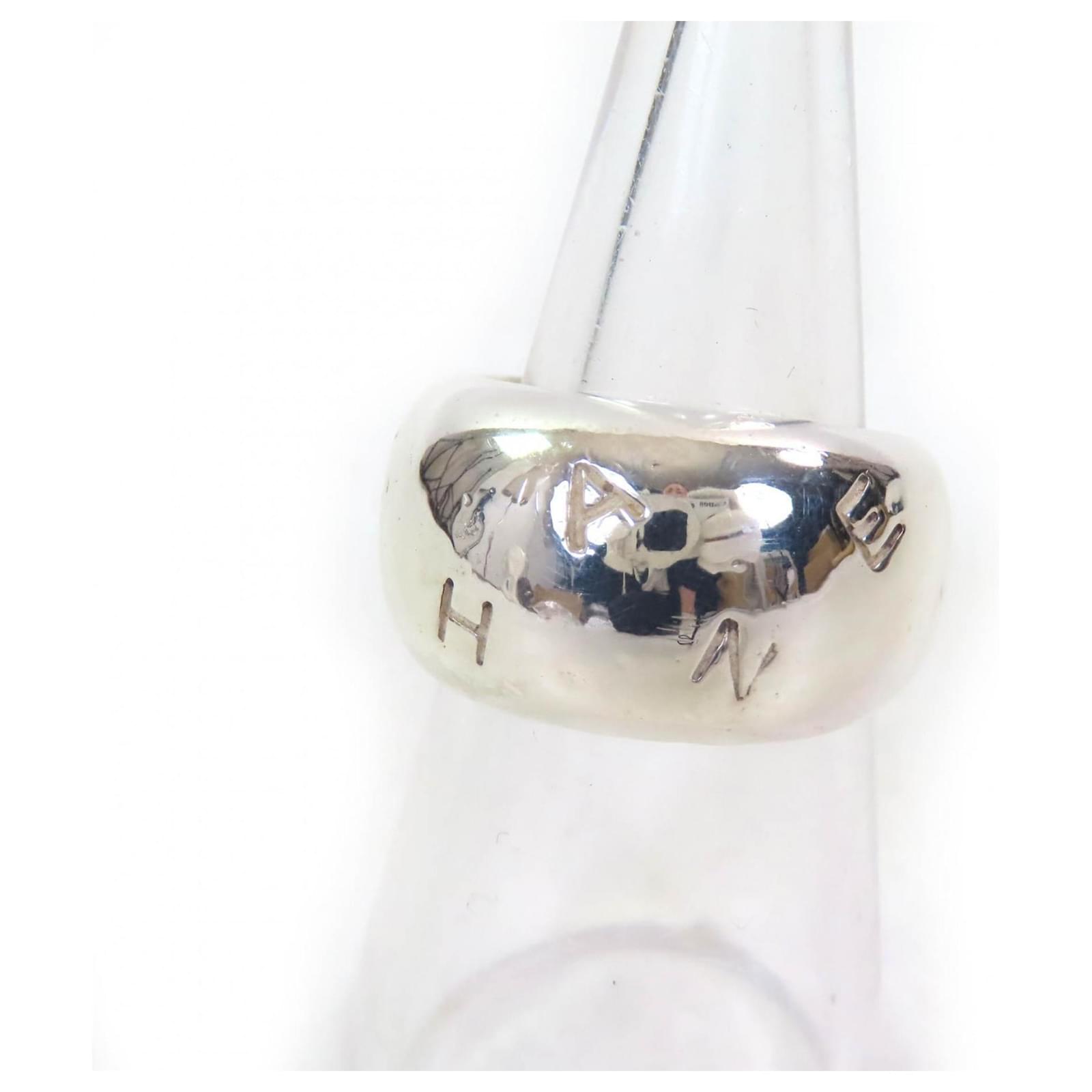 Chanel SV925 Wide Logo Engraved Band Ring Silvery Silver ref
