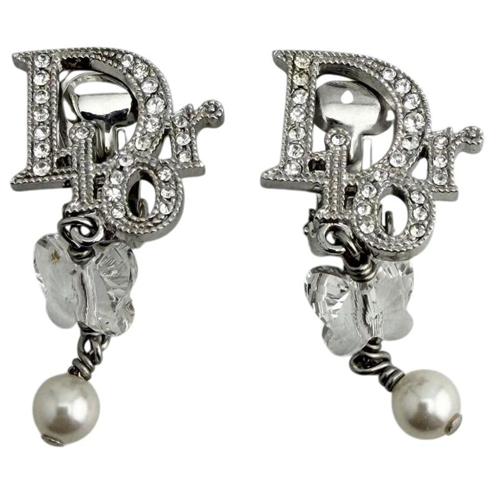 Christian Dior Logo Rhinestone Crystal Silver Pearl Earrings 
