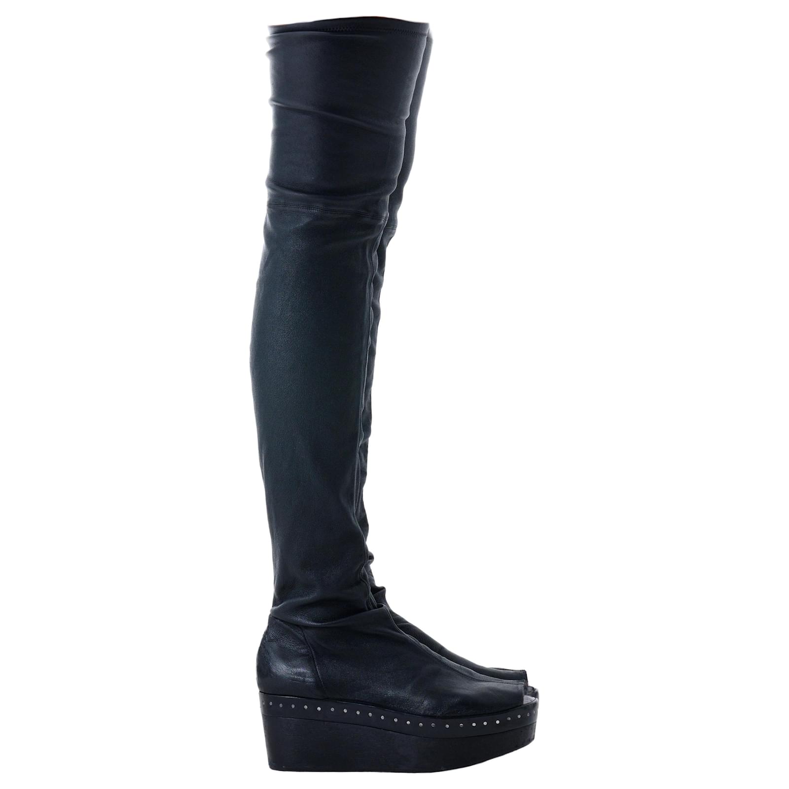 Rick Owens Thigh-High Leather Wedge Boots Black ref.2619224 - Joli