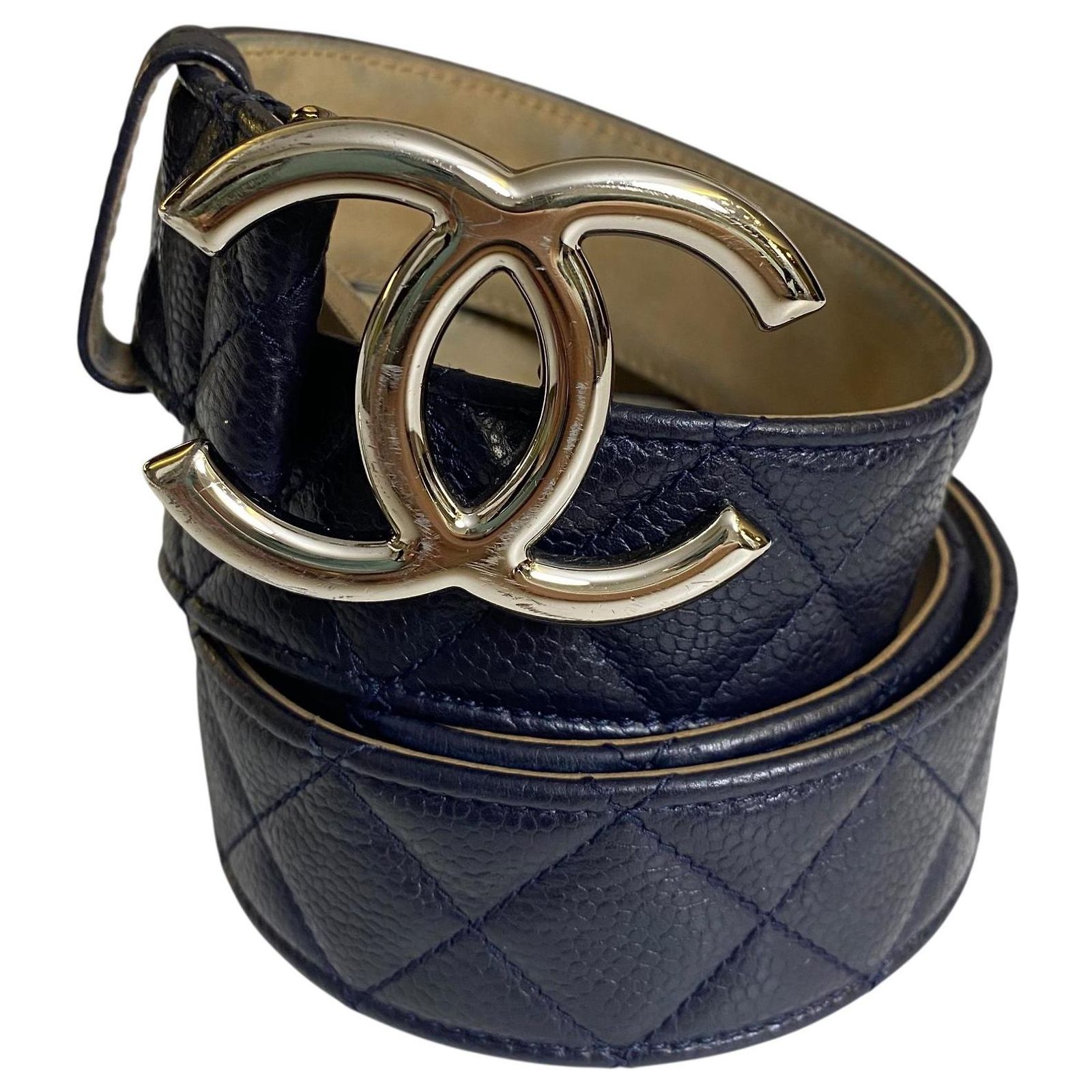 Chanel 13B Navy Blue Caviar Leather Quilted Silver CC Belt 