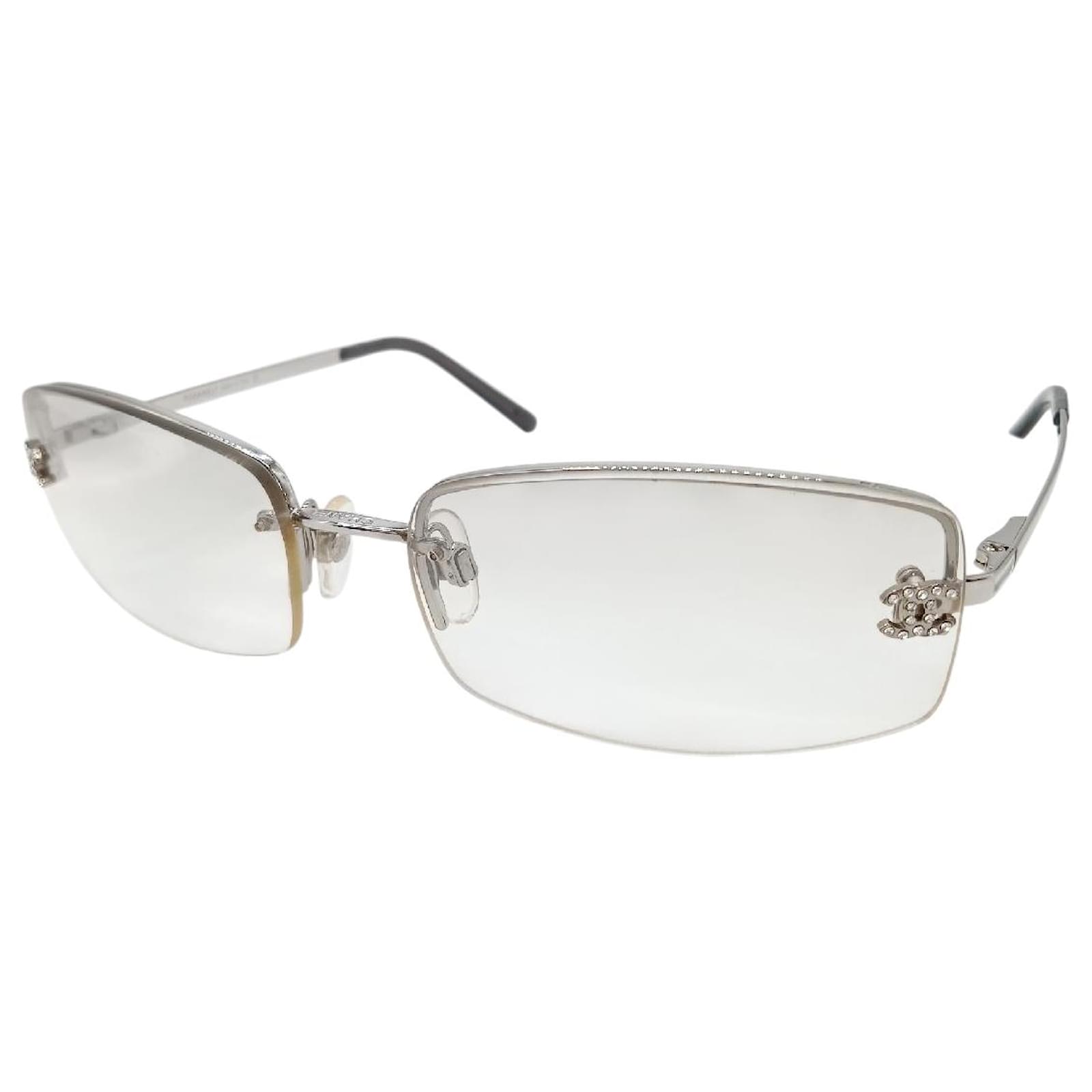 Chanel CC Logo Silver Clear Rimless Rhinestone Sunglasses 4093-B