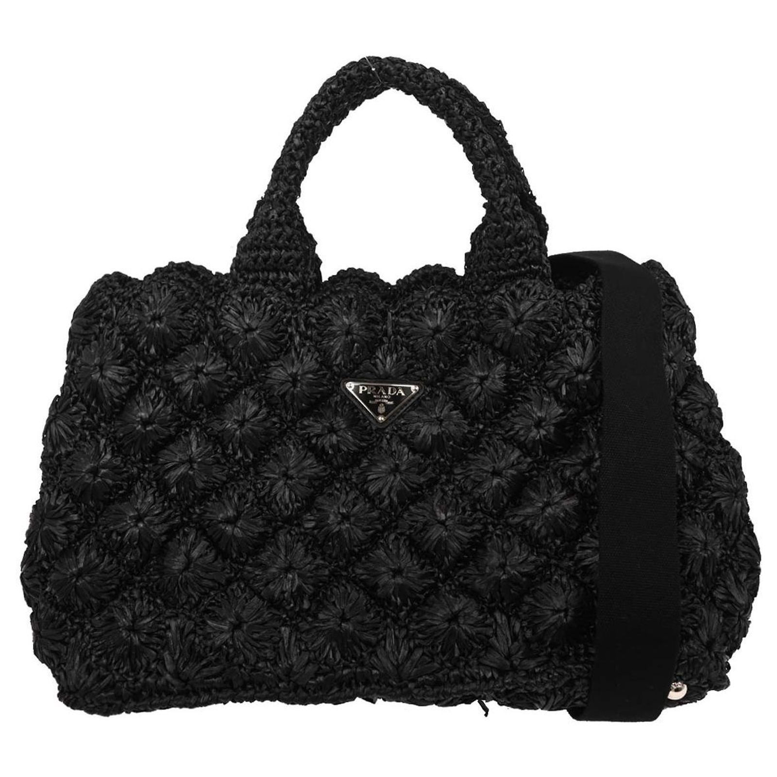 Prada Canapa Convertible Tote Raffia Crochet Small Black Wicker ref ...