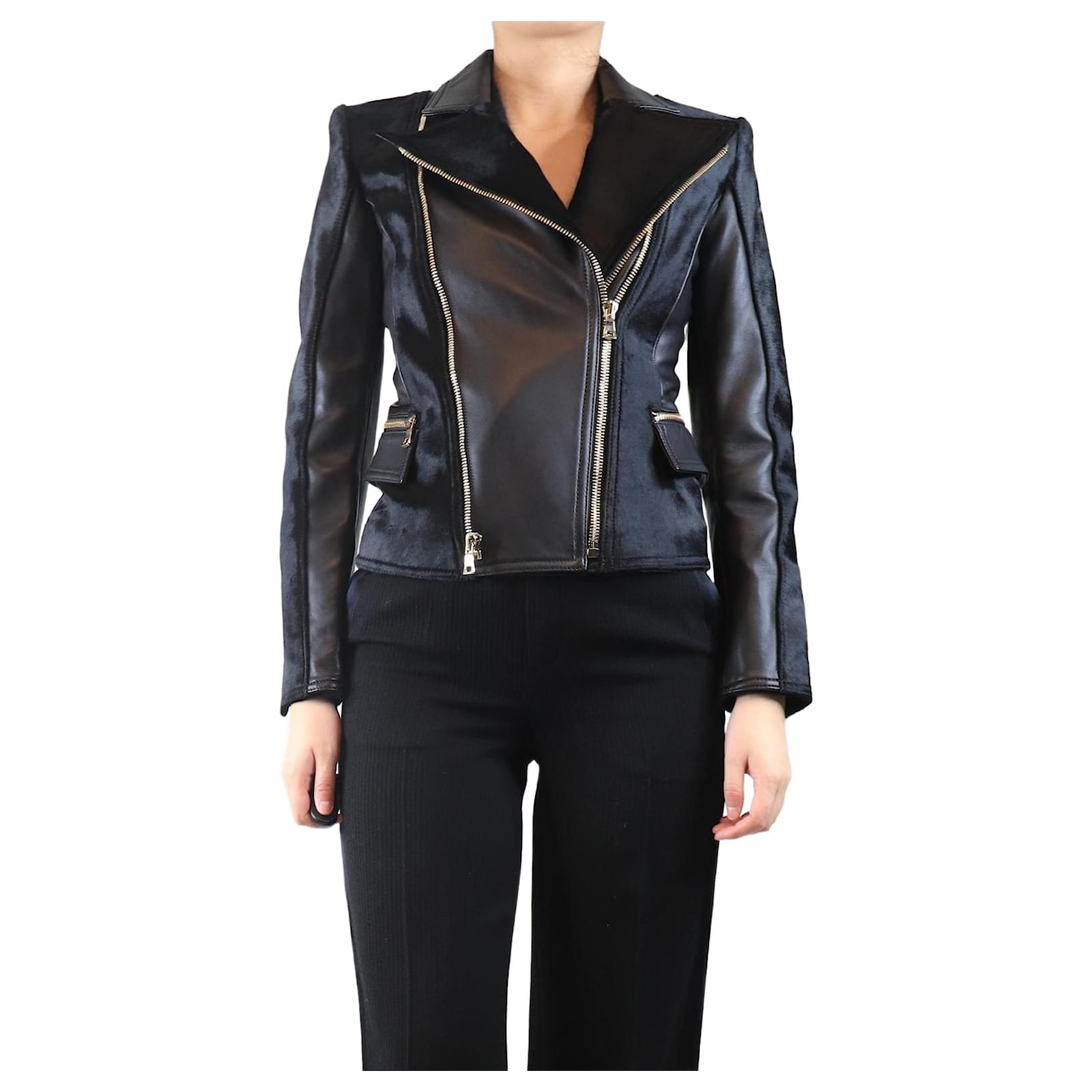 BALMAIN ブラック レディースレザージャケット Balmain Black leather calf-hair jacket - size UK 10 ref.2633751