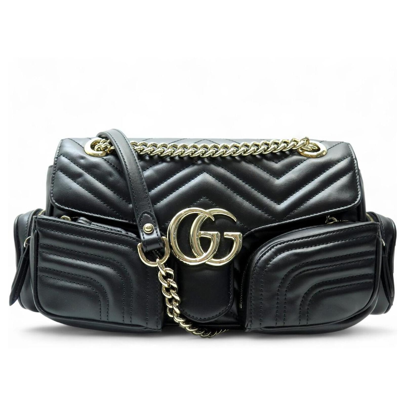 NEW GUCCI MARMONT BAG MULTI POCKETS BLACK LEATHER SHOULDER STRAP