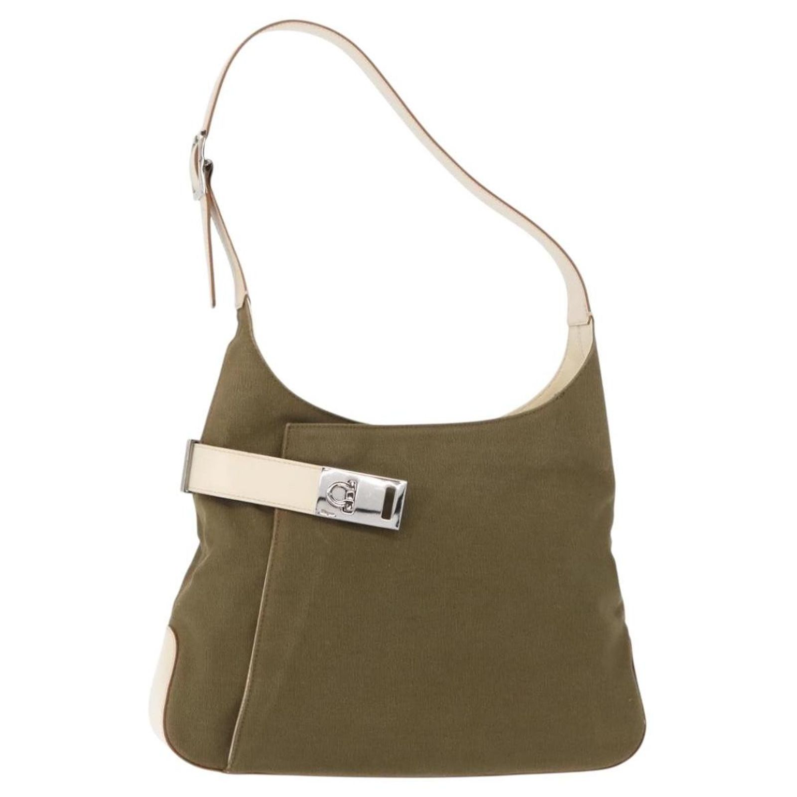 Salvatore Ferragamo Gancini Shoulder Bag Canvas Khaki Cloth ref 