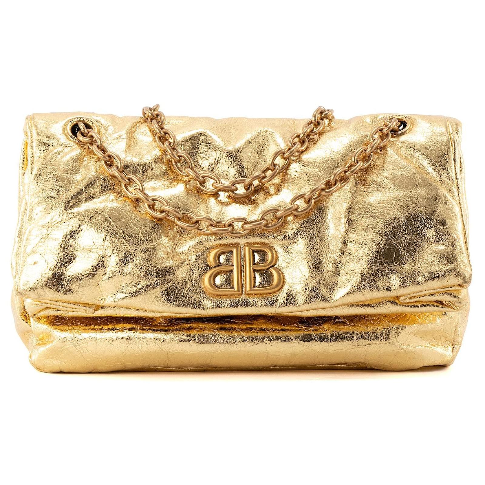BALENCIAGA - Medium Monaco Shoulder Bag in Crinkled Gold Leather