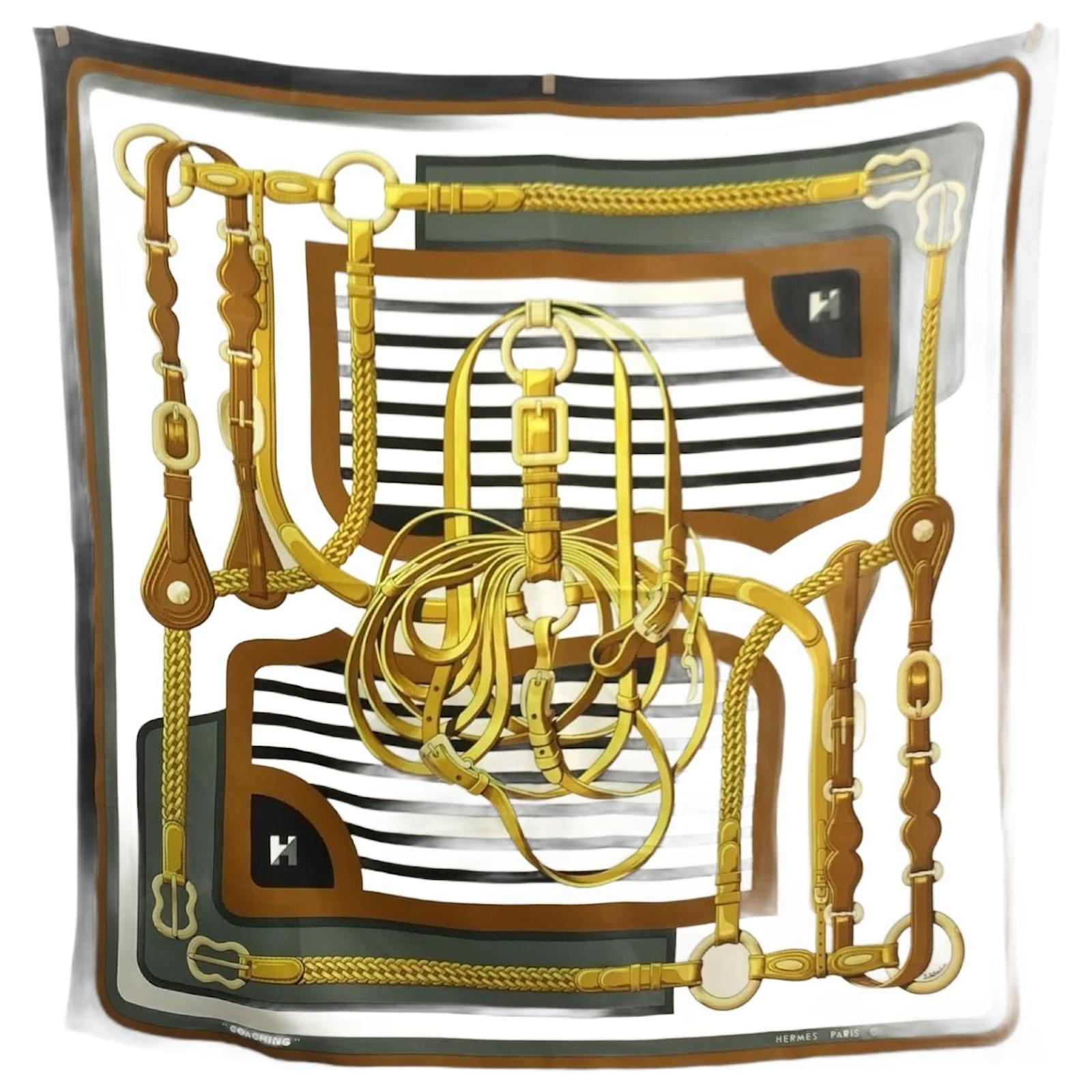 Hermès HERMES Carré 90 Coaching Silk Scarf Brown Black Yellow ref