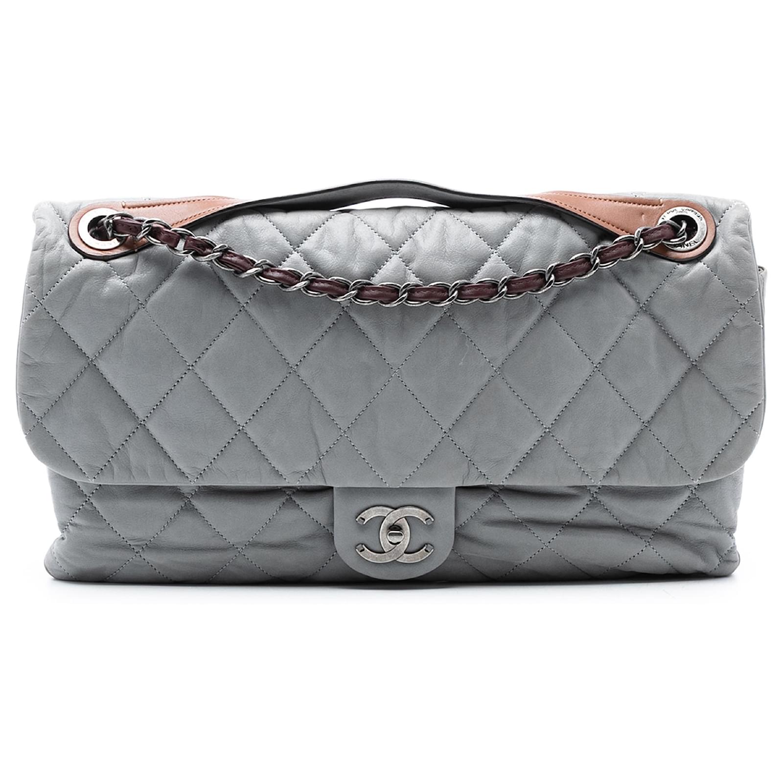 Chanel Gray Jumbo Iridescent Calfskin In The Mix Flap Brown Grey