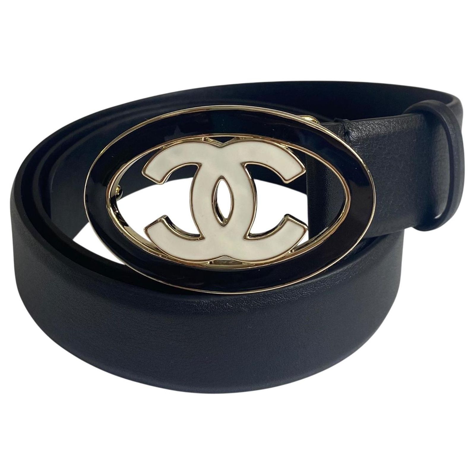 Chanel 24A Black White CC Enamel Lambskin Leather Belt Size 