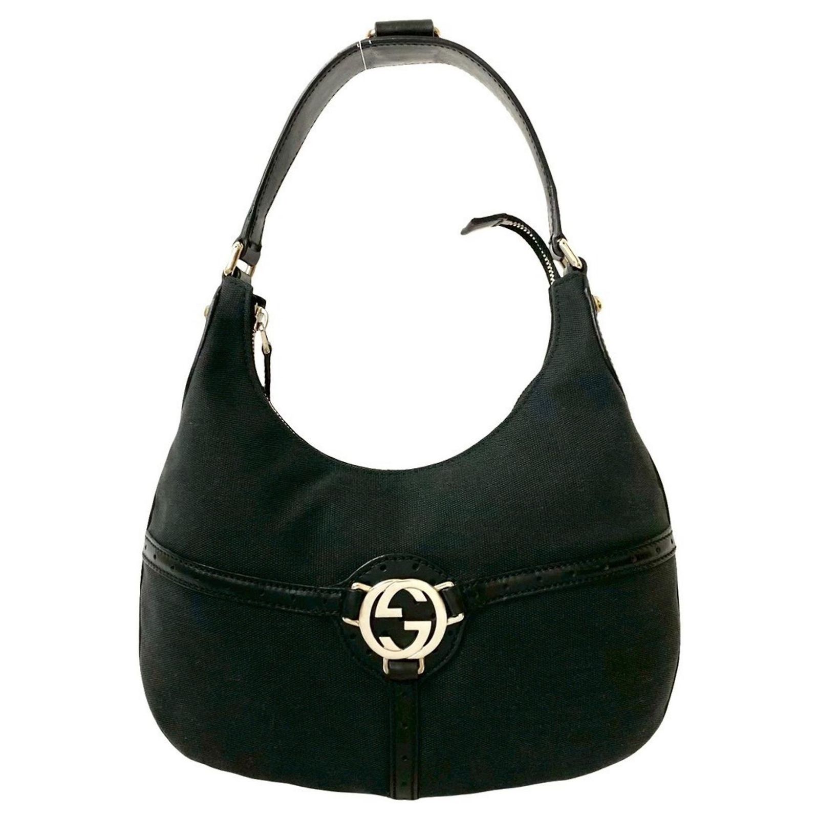GUCCI GG Logo Leather Canvas One-Shoulder Bag Black Cloth ref 