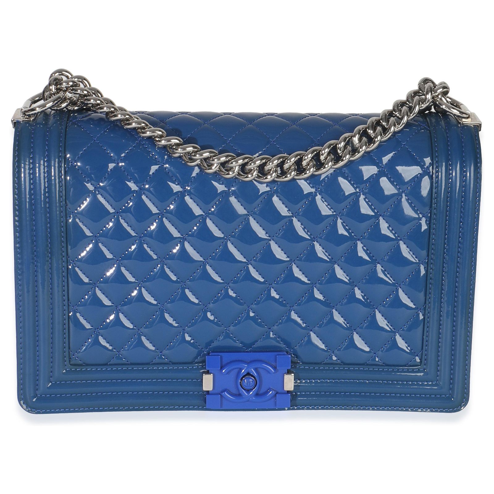 Chanel Blue Quilted Patent Plexiglass New Medium Boy Bag Patent leather ...