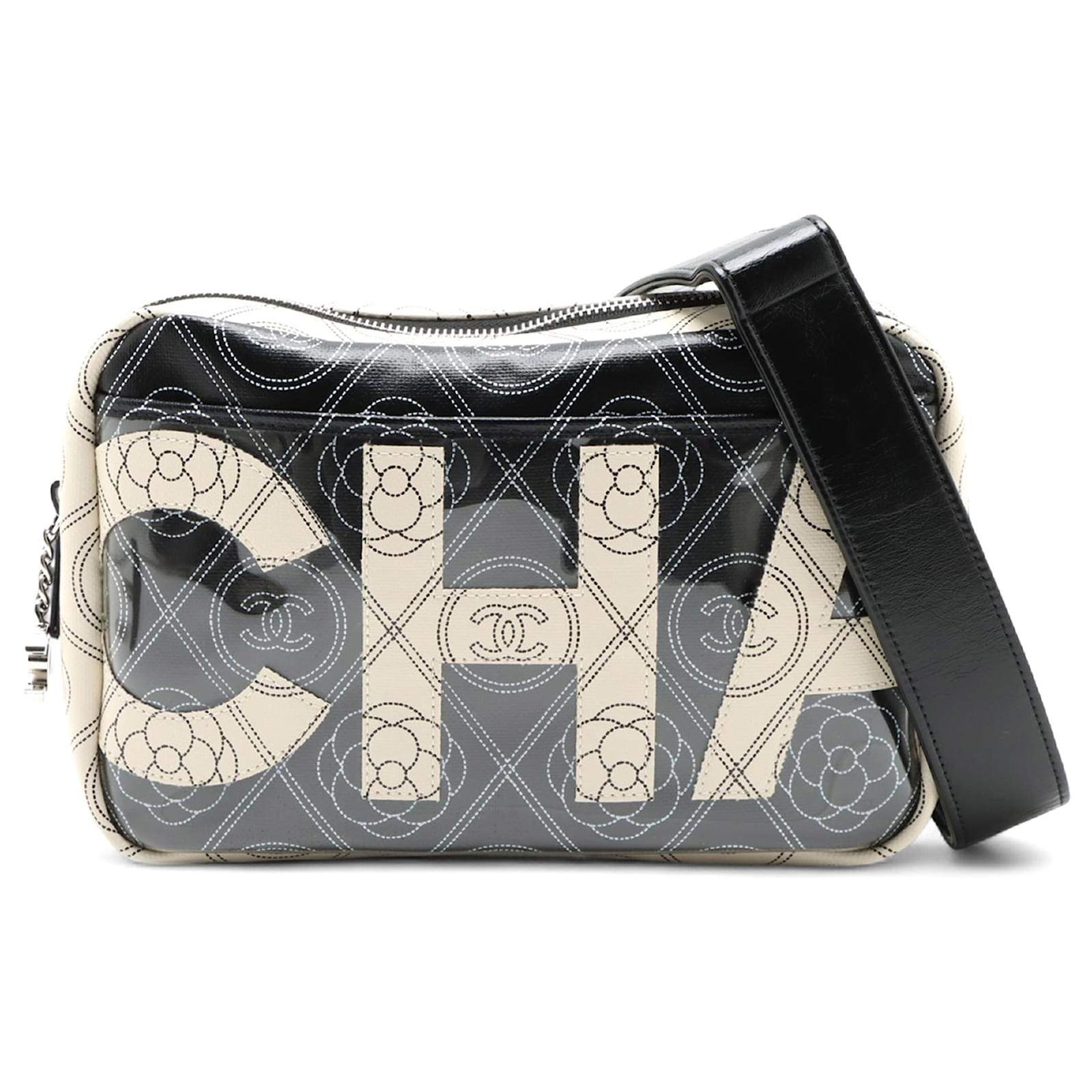 Chanel Black Coated Canvas Camellia Logo Camera Bag Cream Cloth