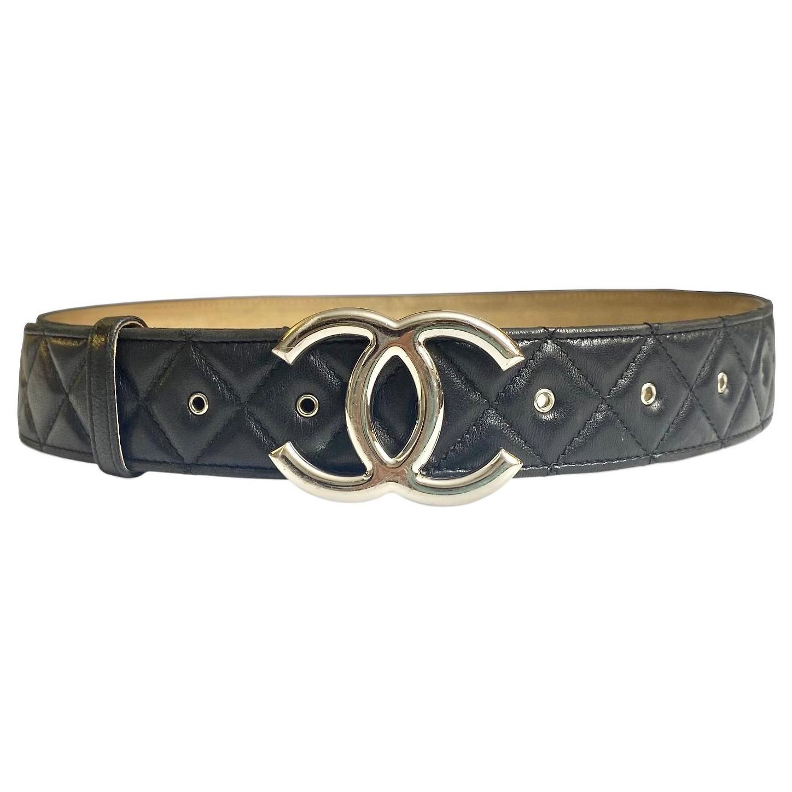 Chanel 14A Black Quilted Lambskin Silver CC Logo Belt 80/32  display picture 2