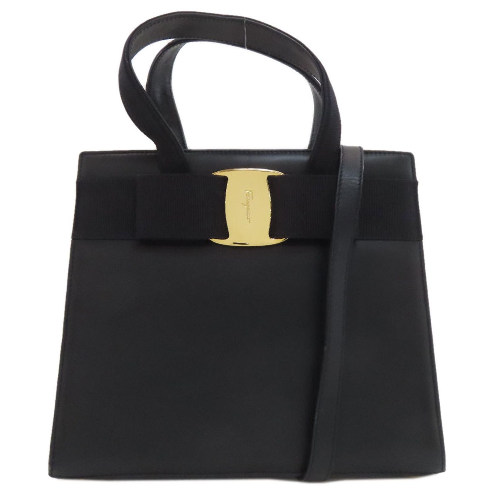 Salvatore Ferragamo Vara Ribbon 2-Way Leather Handbag Black ref 