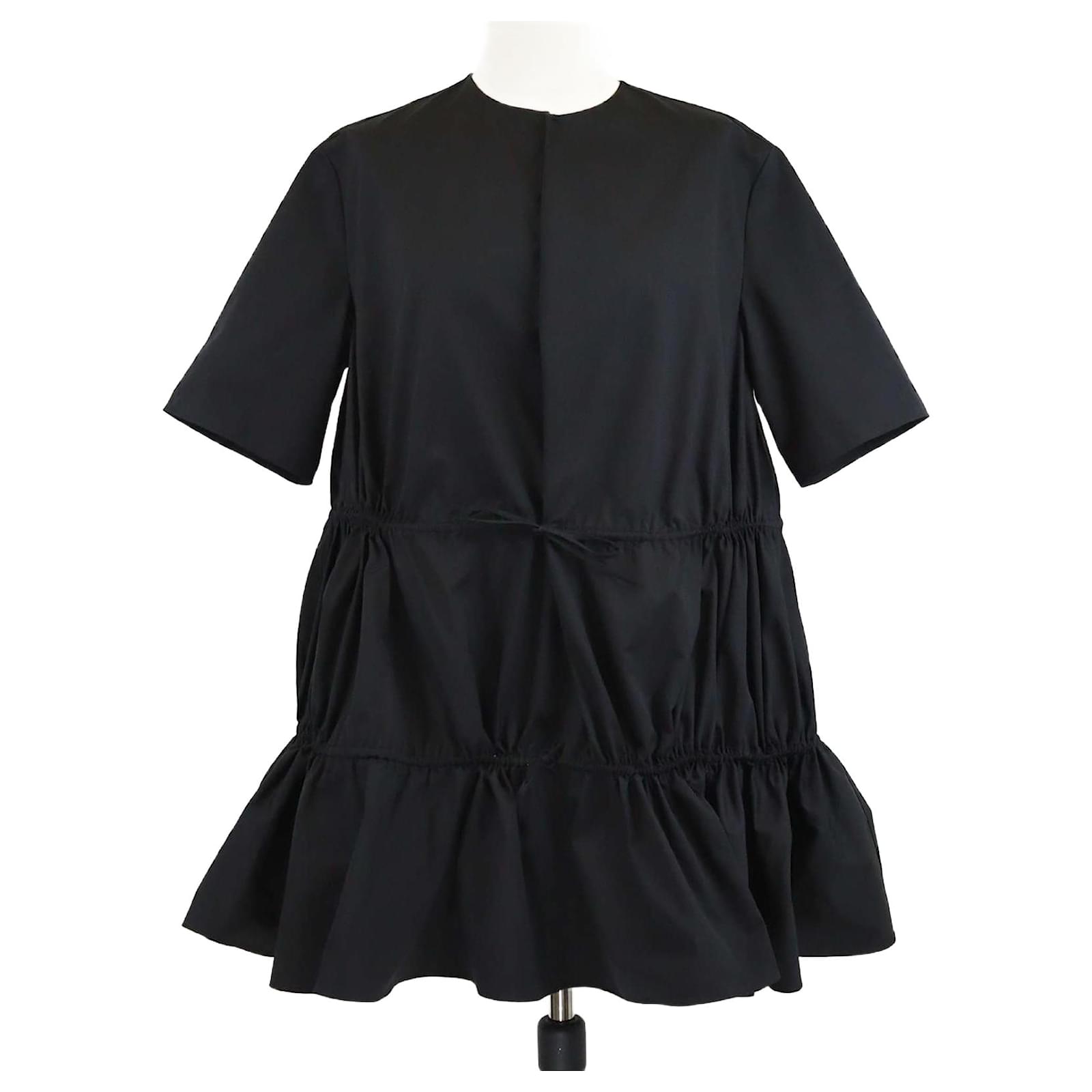 Alaia Black Cotton Three Quarter Sleeve Gathered Drawstring Waist Poplin  Dress
