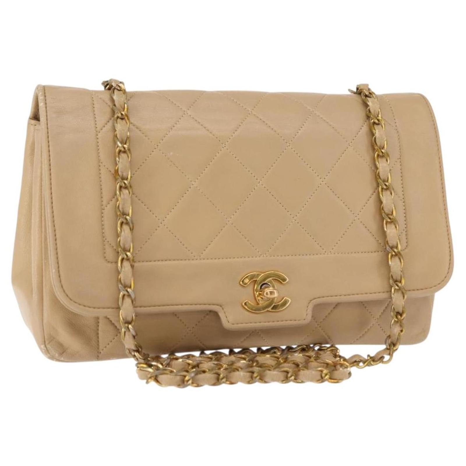 CHANEL Matelasse Chain Shoulder Bag Lamb Skin Beige Gold CC Auth