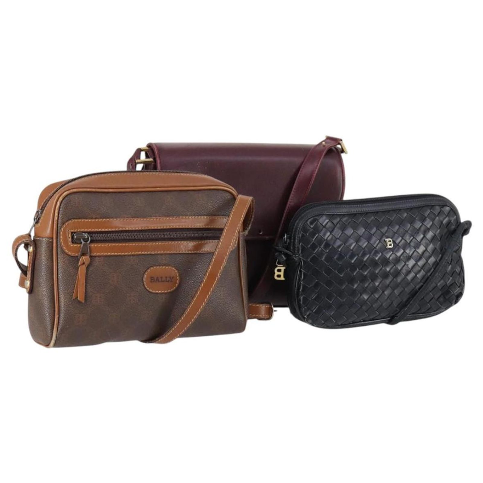BALLY Shoulder Bag Leather 3Set Brown Black Bordeaux Auth BA4812