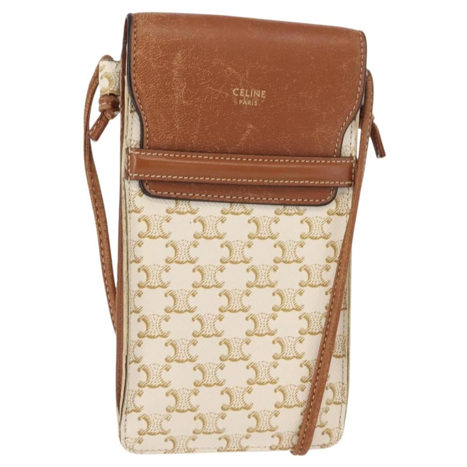 Céline CELINE Triomphe Macadam Canvas Phone Pouch PVC Beige Auth
