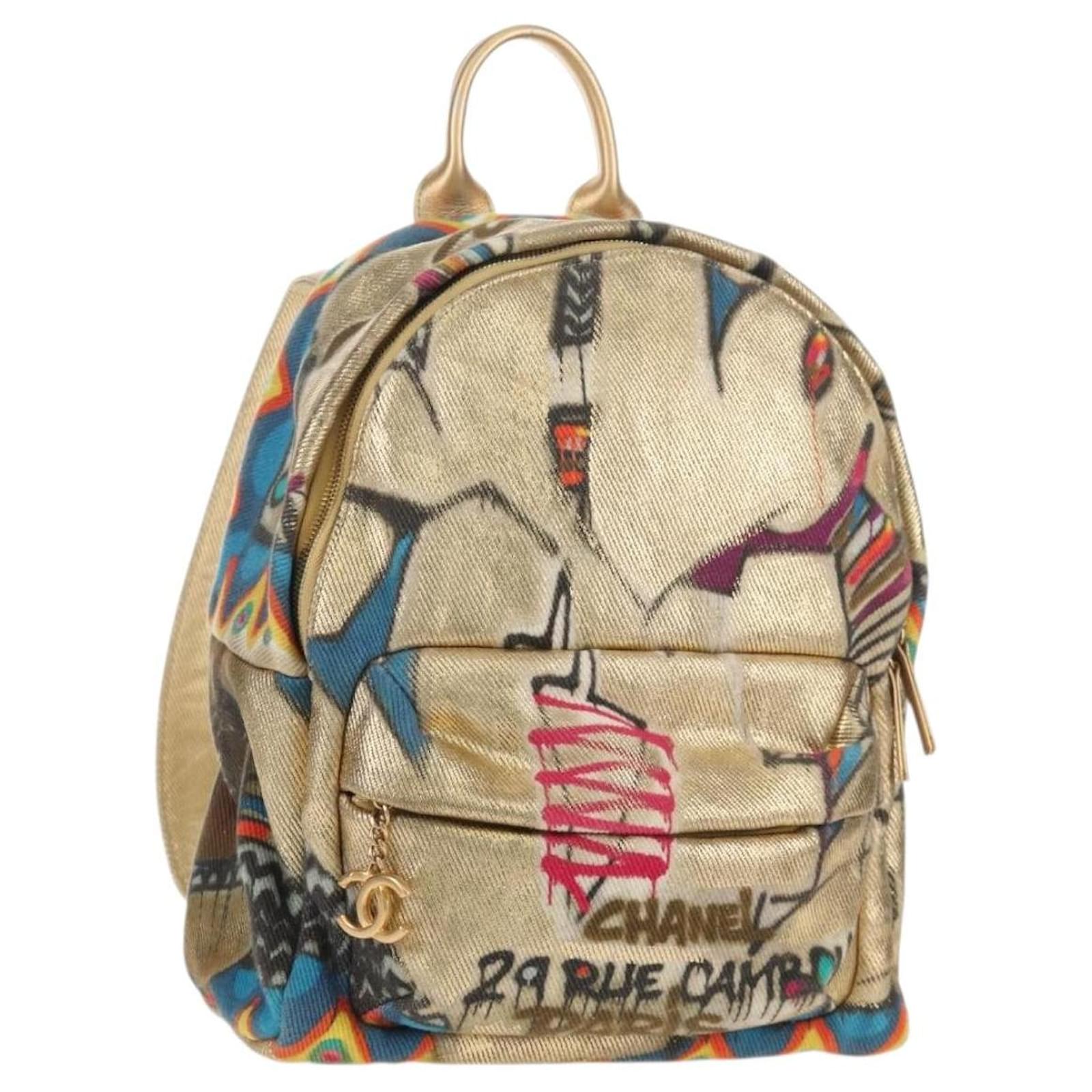 CHANEL Graffiti Backpack Canvas Gold CC Auth 148460SAM Golden