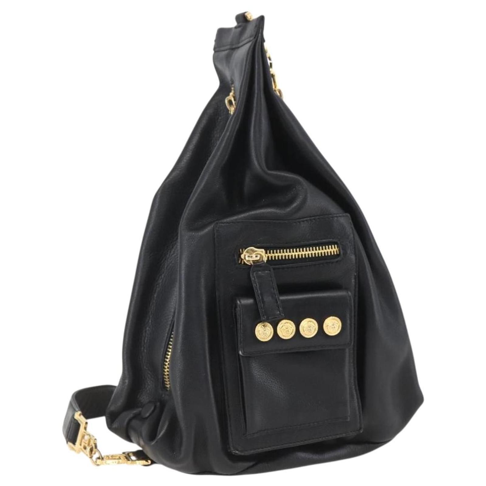 Gianni Versace Shoulder Bag Leather Black Gold Auth mr1669SAV