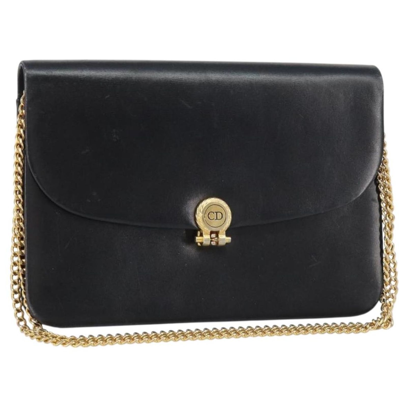 Christian Dior Chain Shoulder Bag Leather Black Gold Auth ka698 