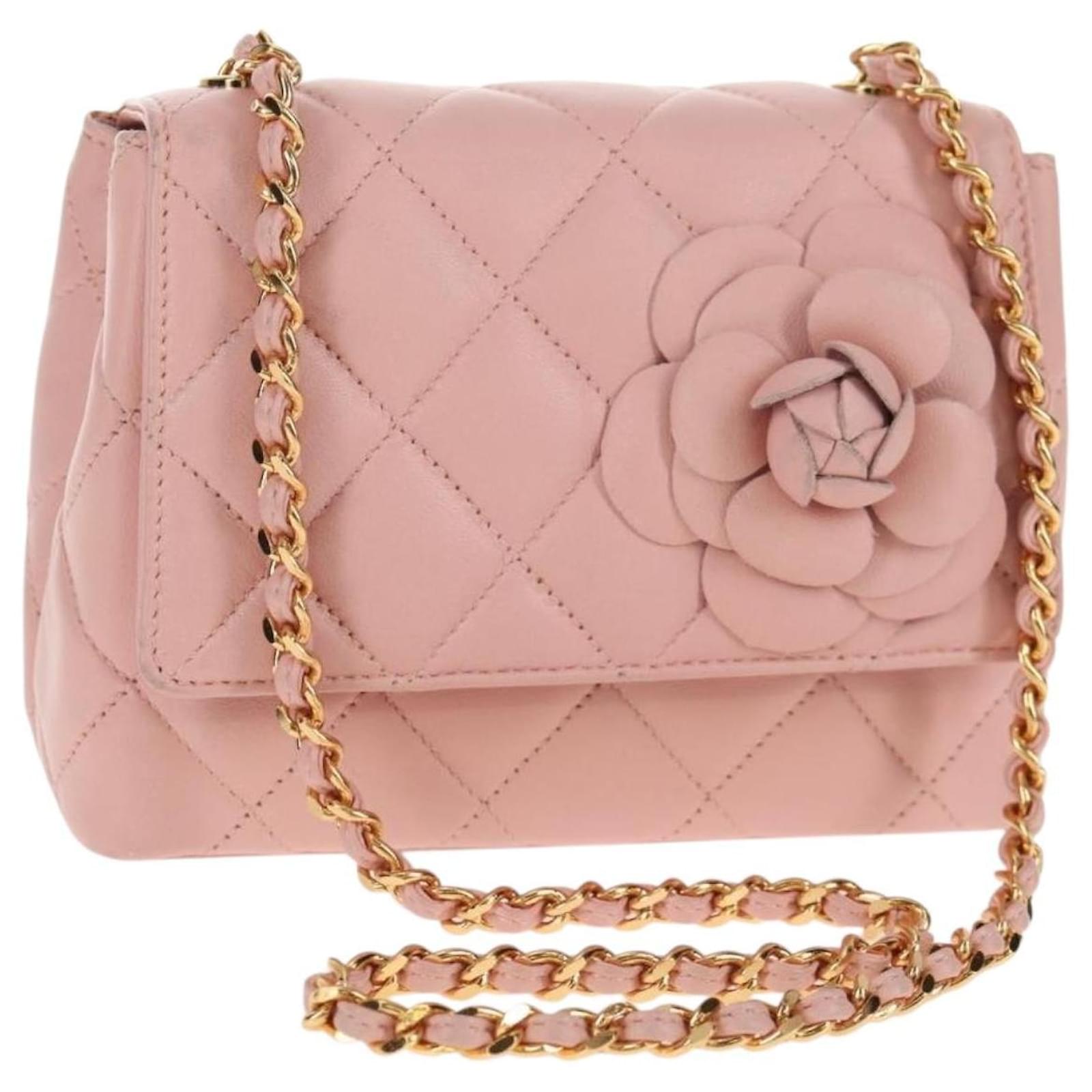 CHANEL Matelasse Camellia Chain Shoulder Bag Leather Pink Gold CC