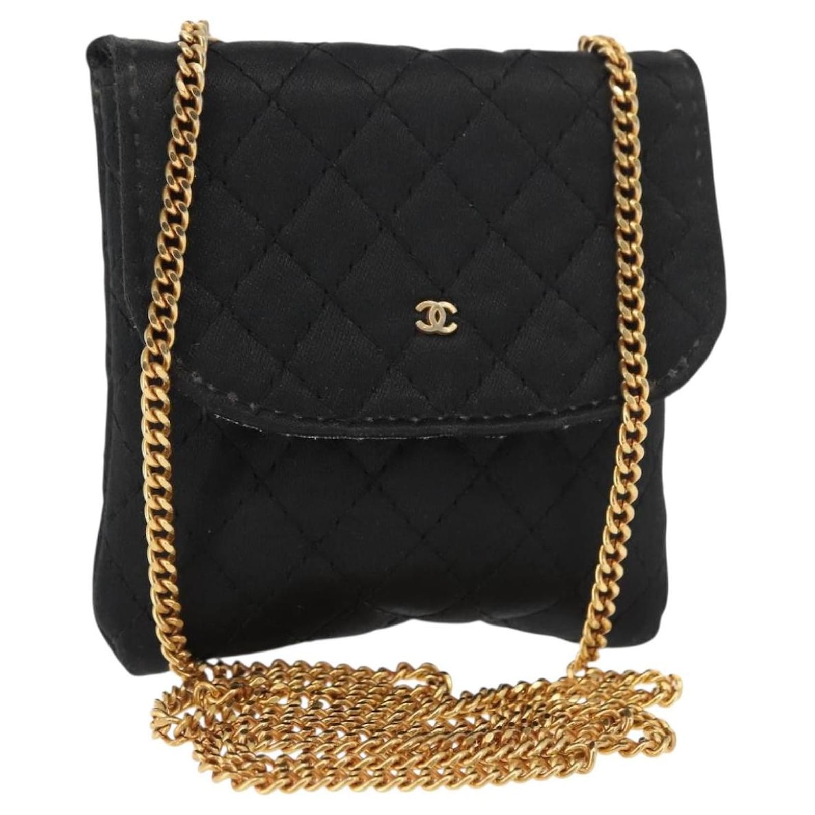 CHANEL Matelasse Chain Shoulder Bag Satin Black Gold CC Auth