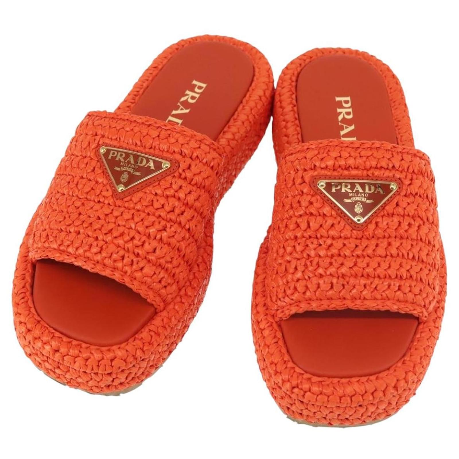 PRADA Flat Form Sandals Raffia Orange Auth 143606 ref.2706722