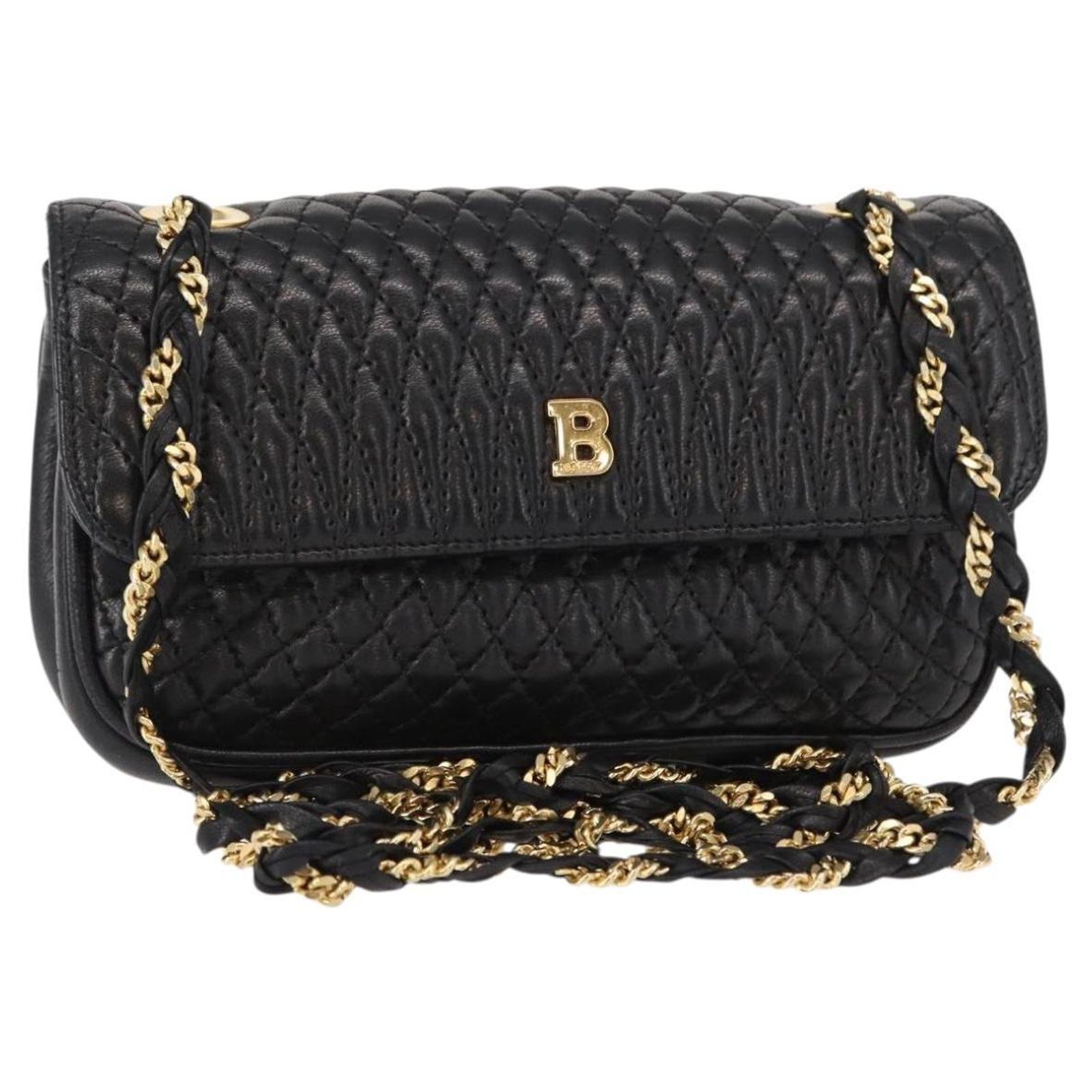BALLY Quilted Chain Shoulder Bag Leather Black Gold Auth 153938 