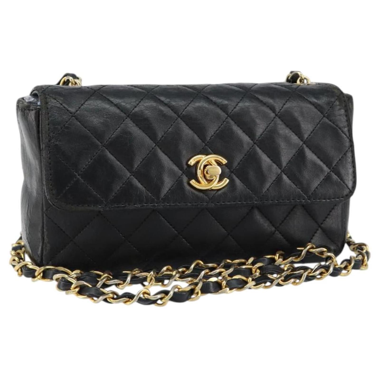 CHANEL Matelasse Chain Shoulder Bag Lamb Skin Black Gold CC Auth