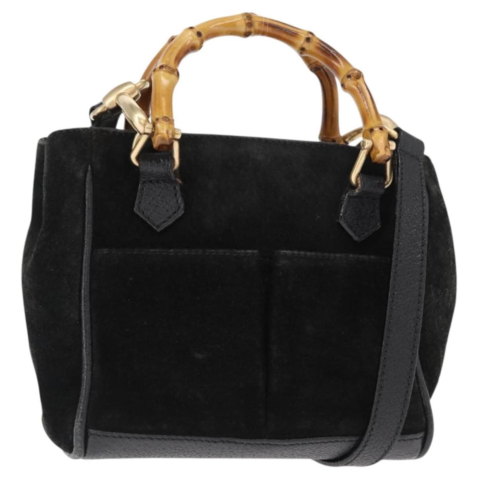 GUCCI Bamboo Hand Bag Suede 2way Black Gold 007 2214 0238 Auth