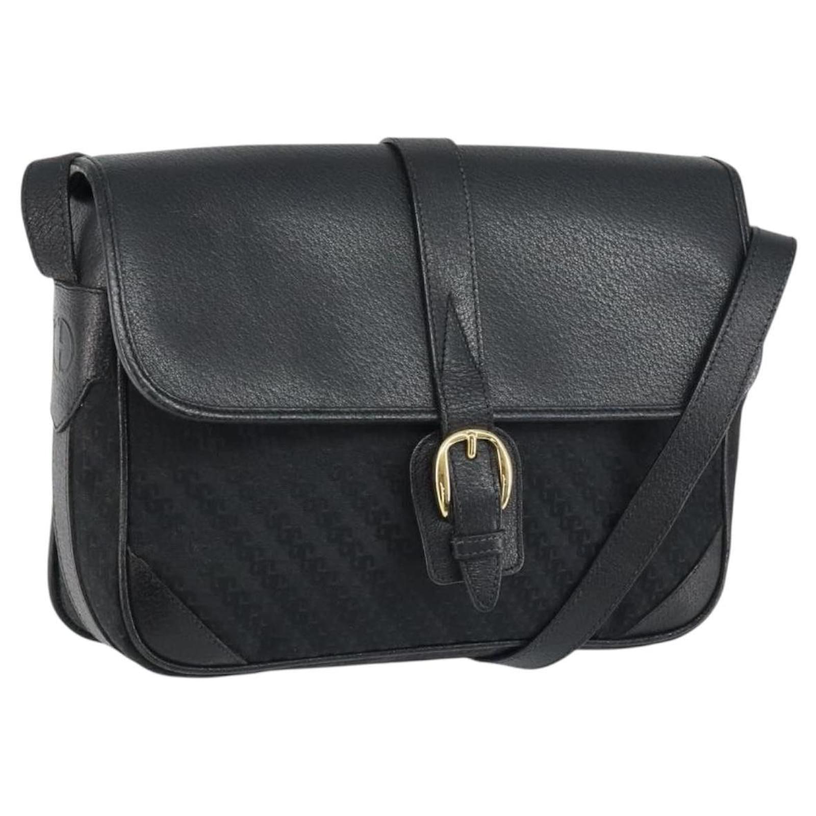 GUCCI Shoulder Bag Leather Canvas Black Gold 001 113 0613 Auth