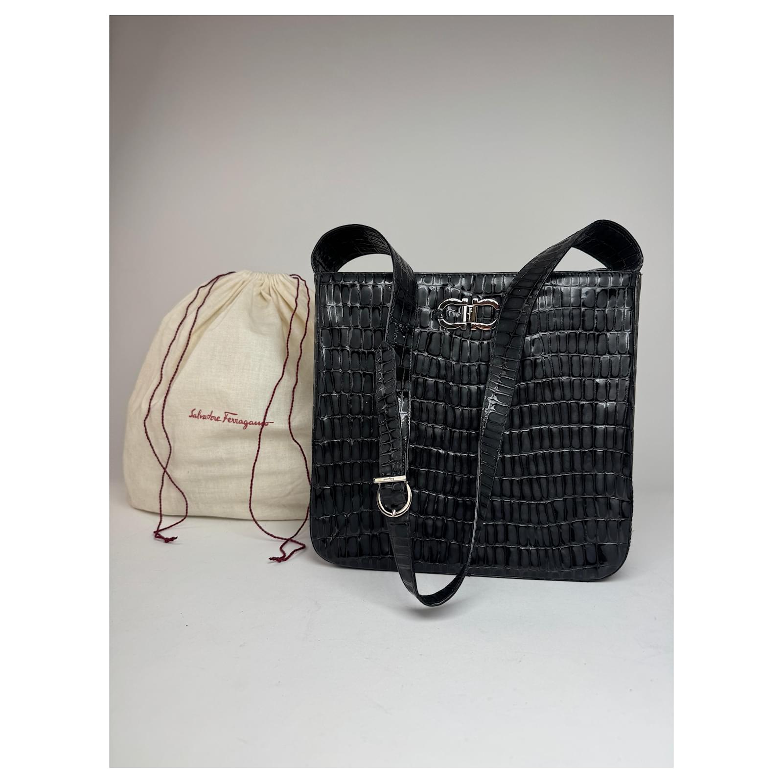 Vintage Salvatore Ferragamo Crocodile Emblossed Leather Bag Black