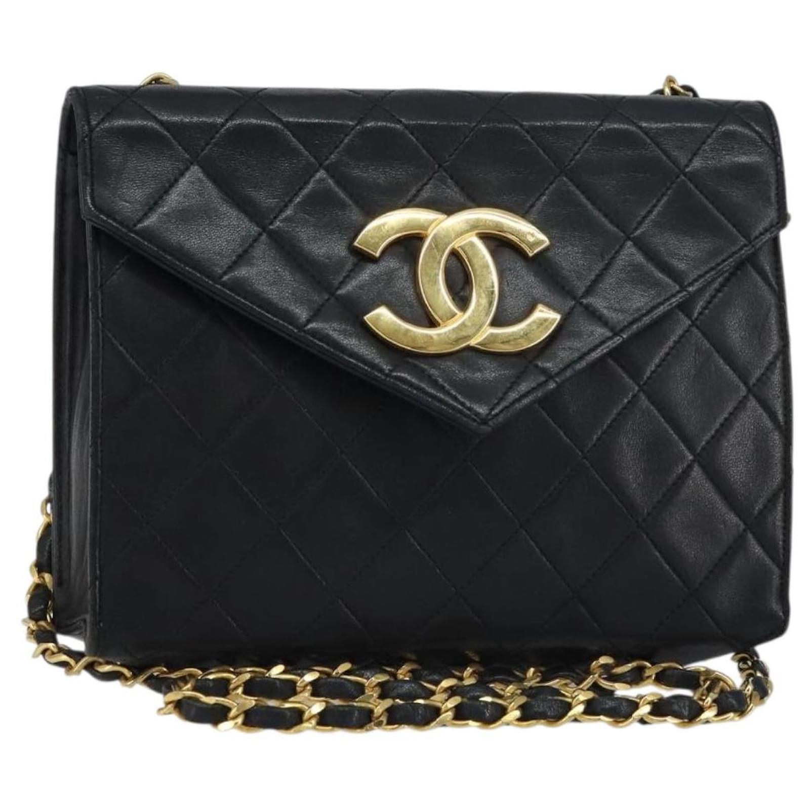 CHANEL Matelasse Chain Shoulder Bag Lamb Skin Black Gold CC Auth