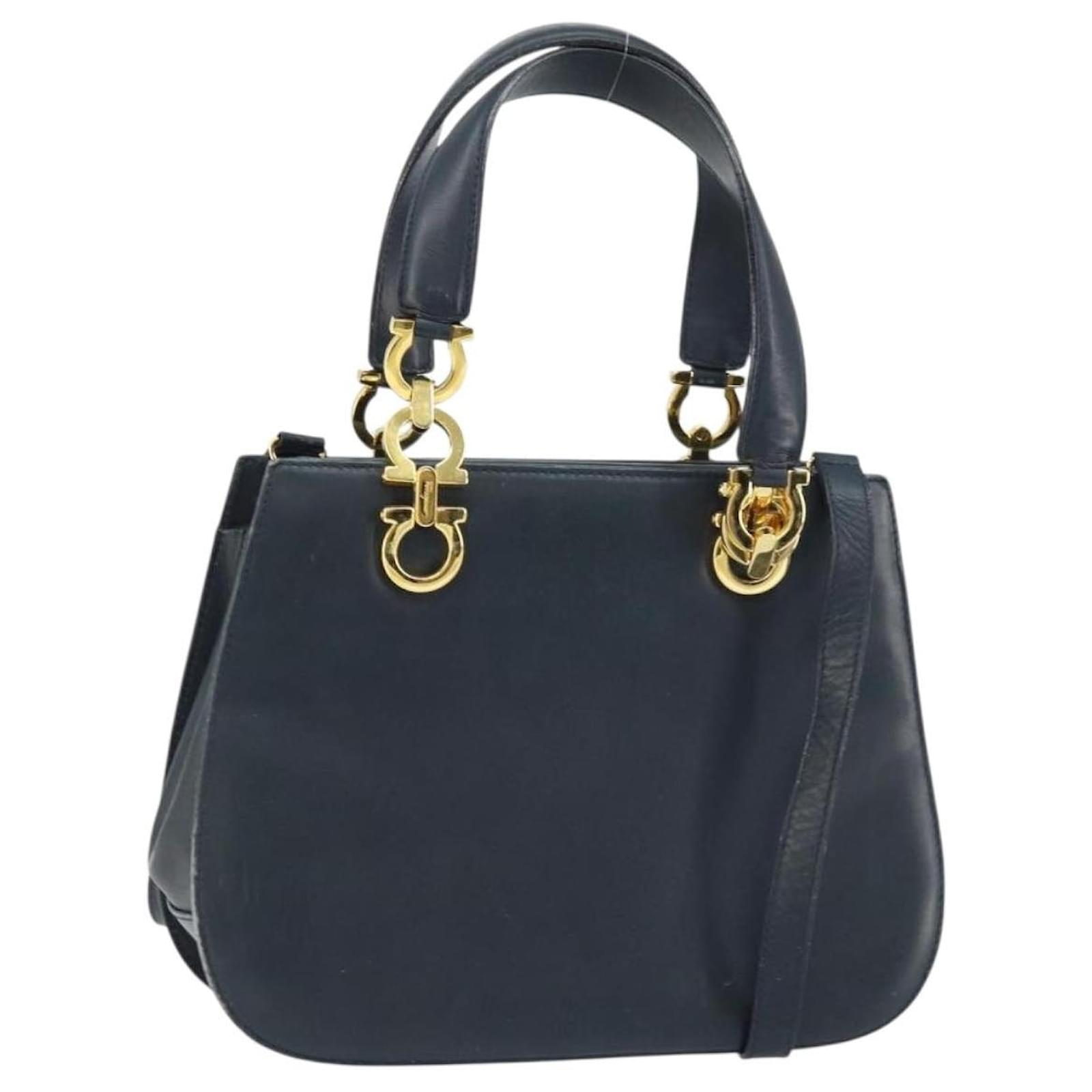 Salvatore Ferragamo Gancini Hand Bag Leather 2way Navy Gold Auth