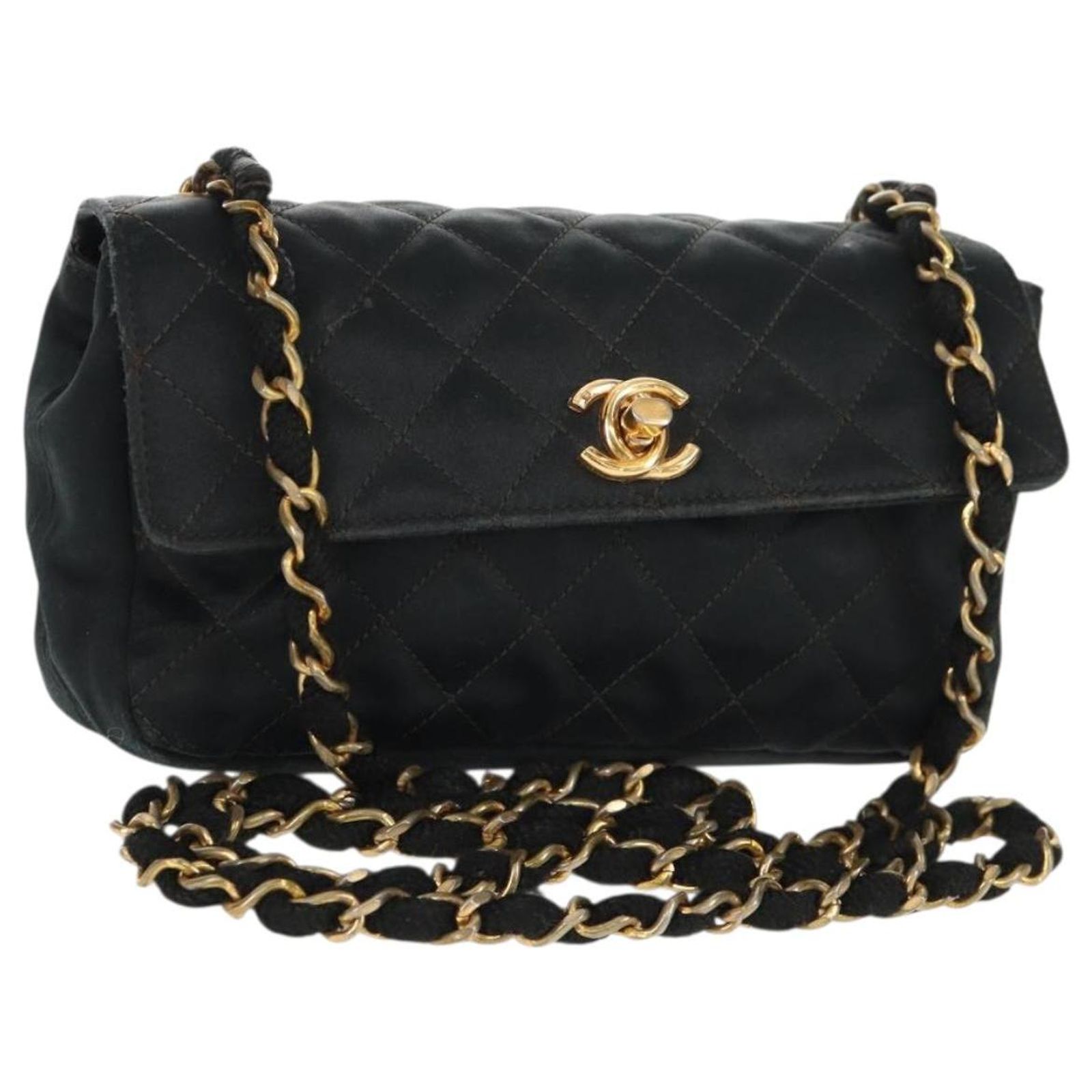 CHANEL Mini Matelasse 18 Chain Shoulder Bag Satin Black Gold CC