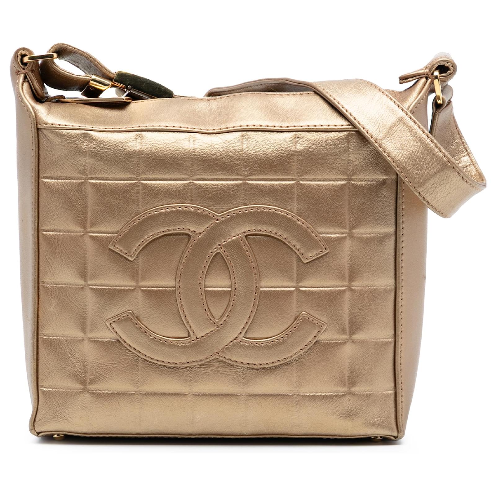 Chanel Gold CC Chocolate Bar Metallic Lambskin Shoulder Bag Golden